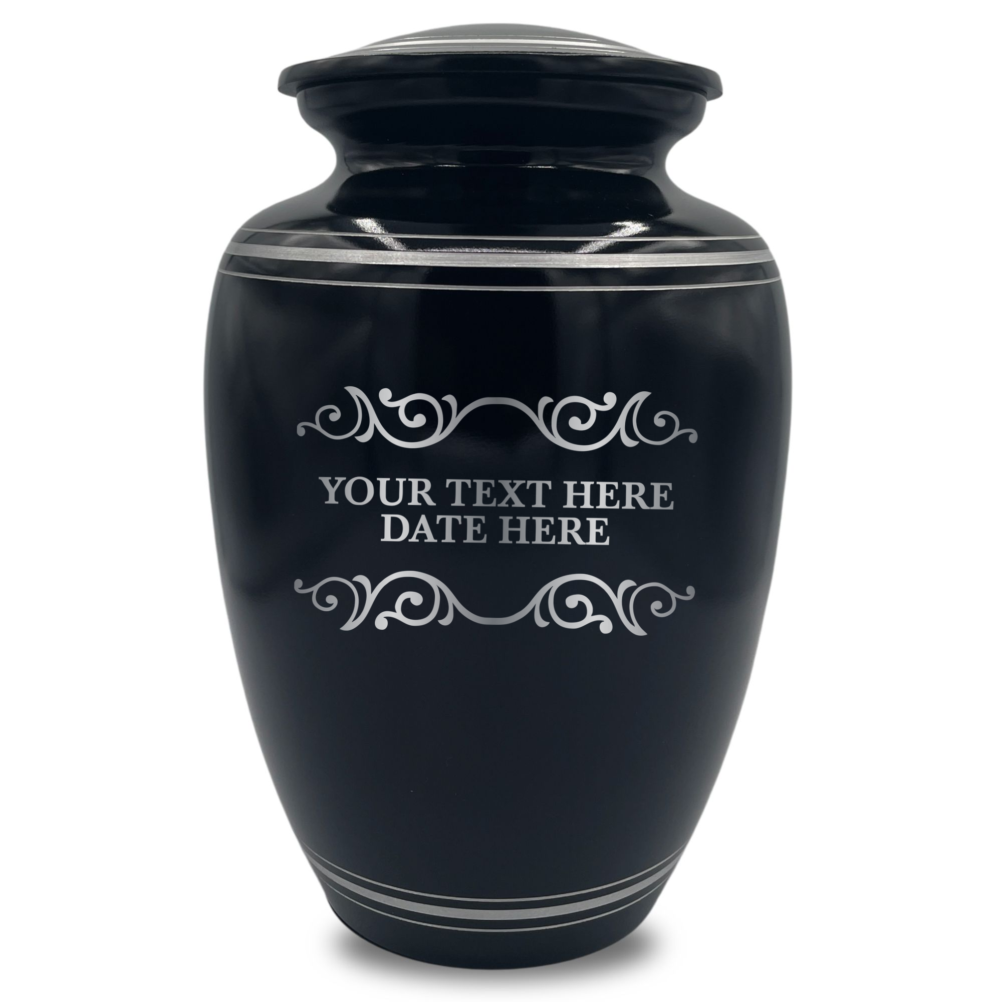 Human Cremation Urn - 350 Cubic Inch Capacity - Black with Silver Rim | Memorial Swirl