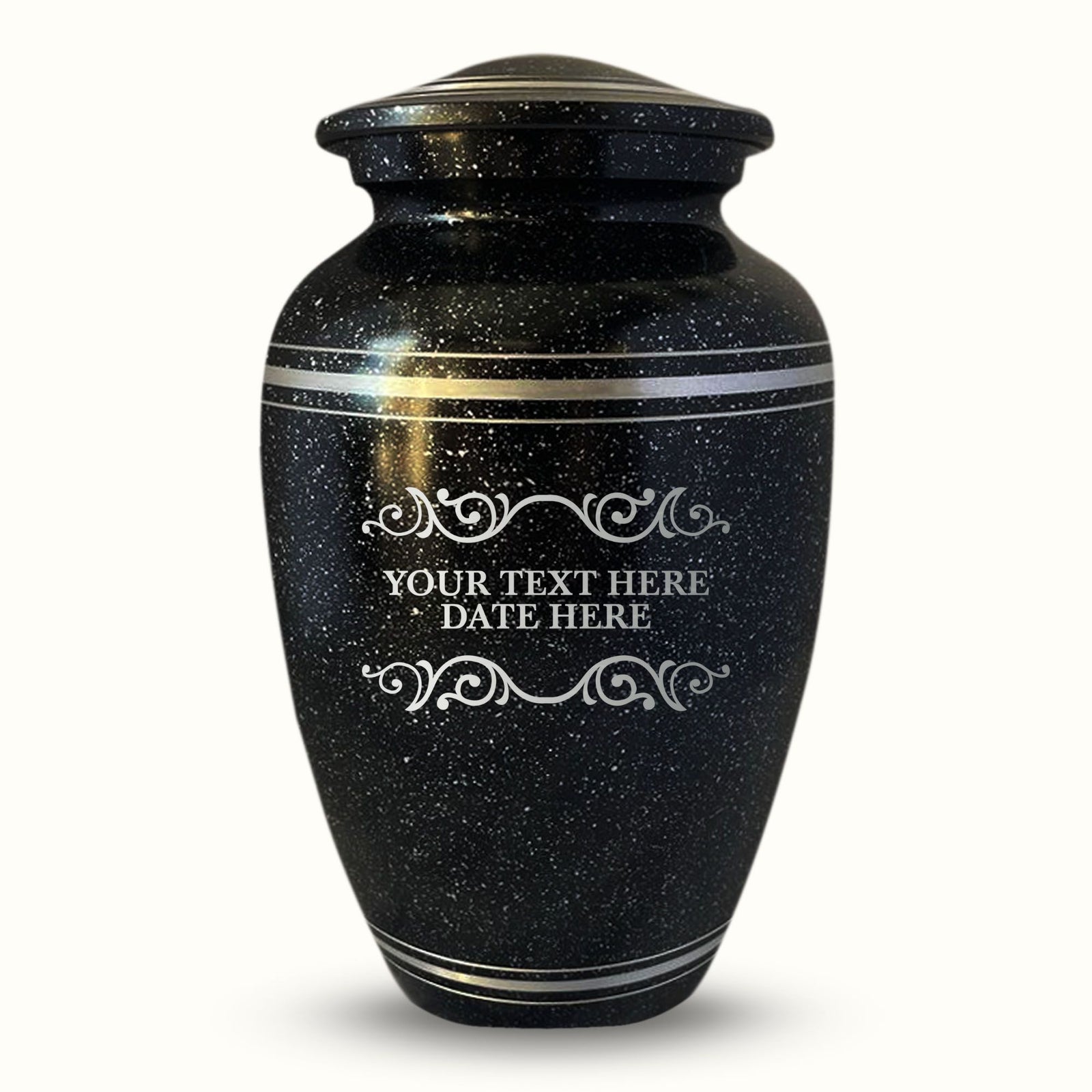 Custom Aluminum Human Urn - Memorial Swirl Design - Distressed Black Polished Finish with Silver Rim - 200 Cubic Inch