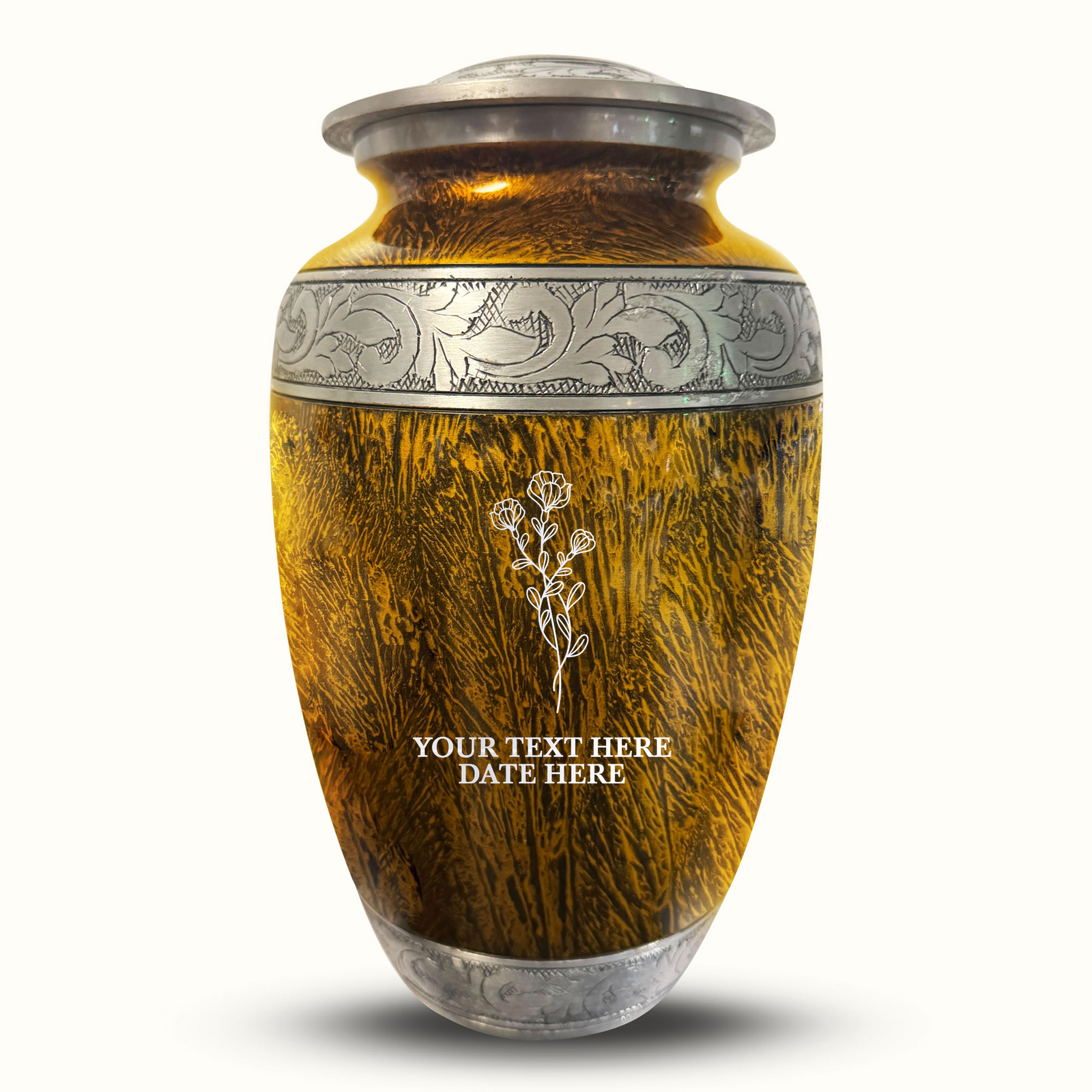 Custom Aluminum Human Urn - Elevate Collection - Floral Design - Distressed Finish - 200 Cubic Inch