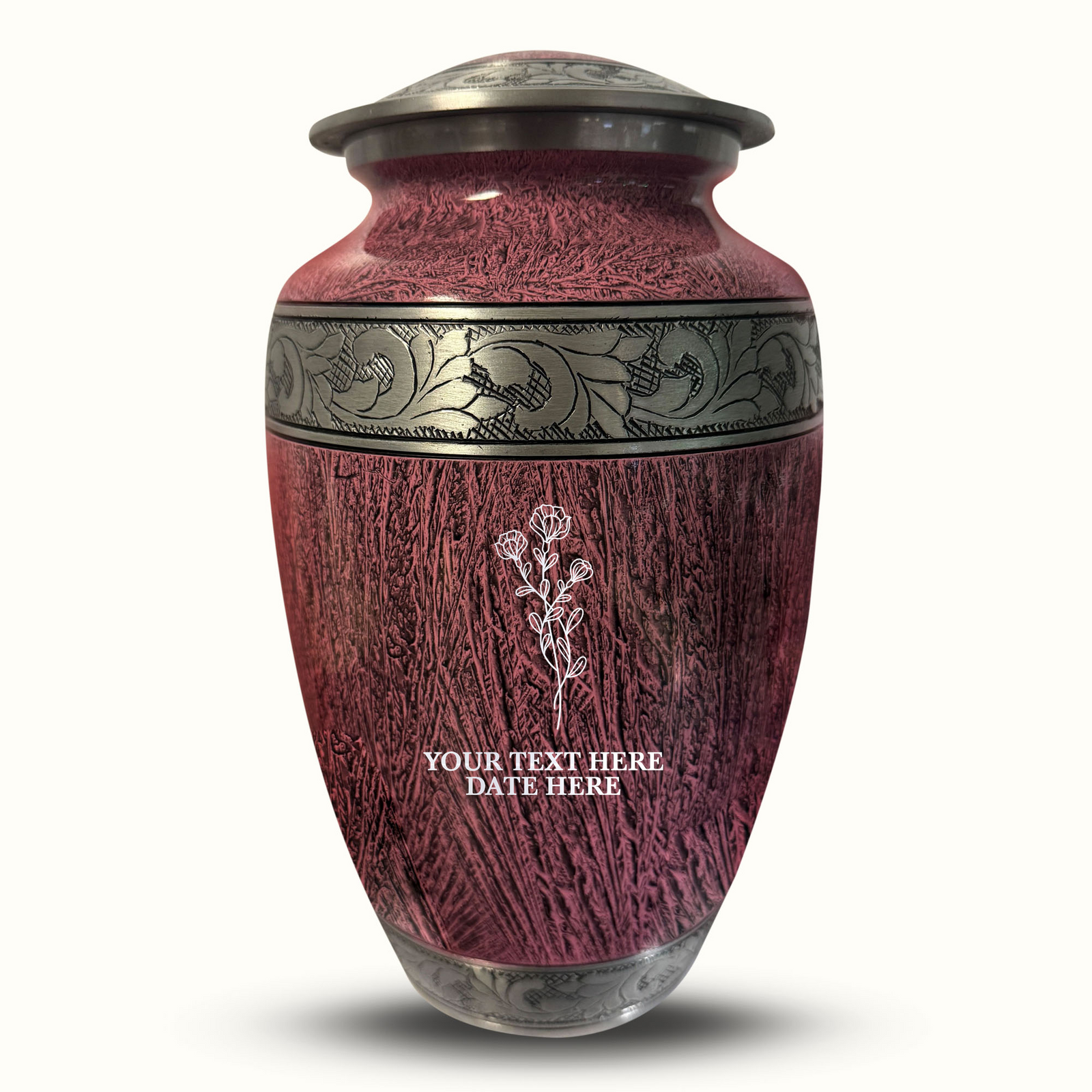 Custom Aluminum Human Urn - Elevate Collection - Floral Design - Distressed Finish - 200 Cubic Inch