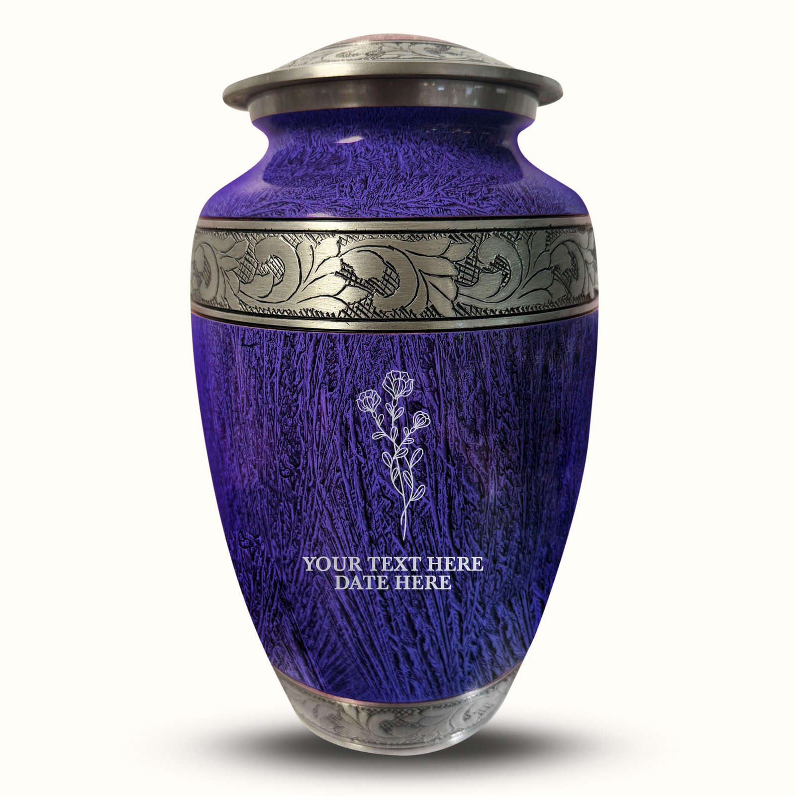 Custom Aluminum Human Urn - Elevate Collection - Floral Design - Distressed Finish - 200 Cubic Inch