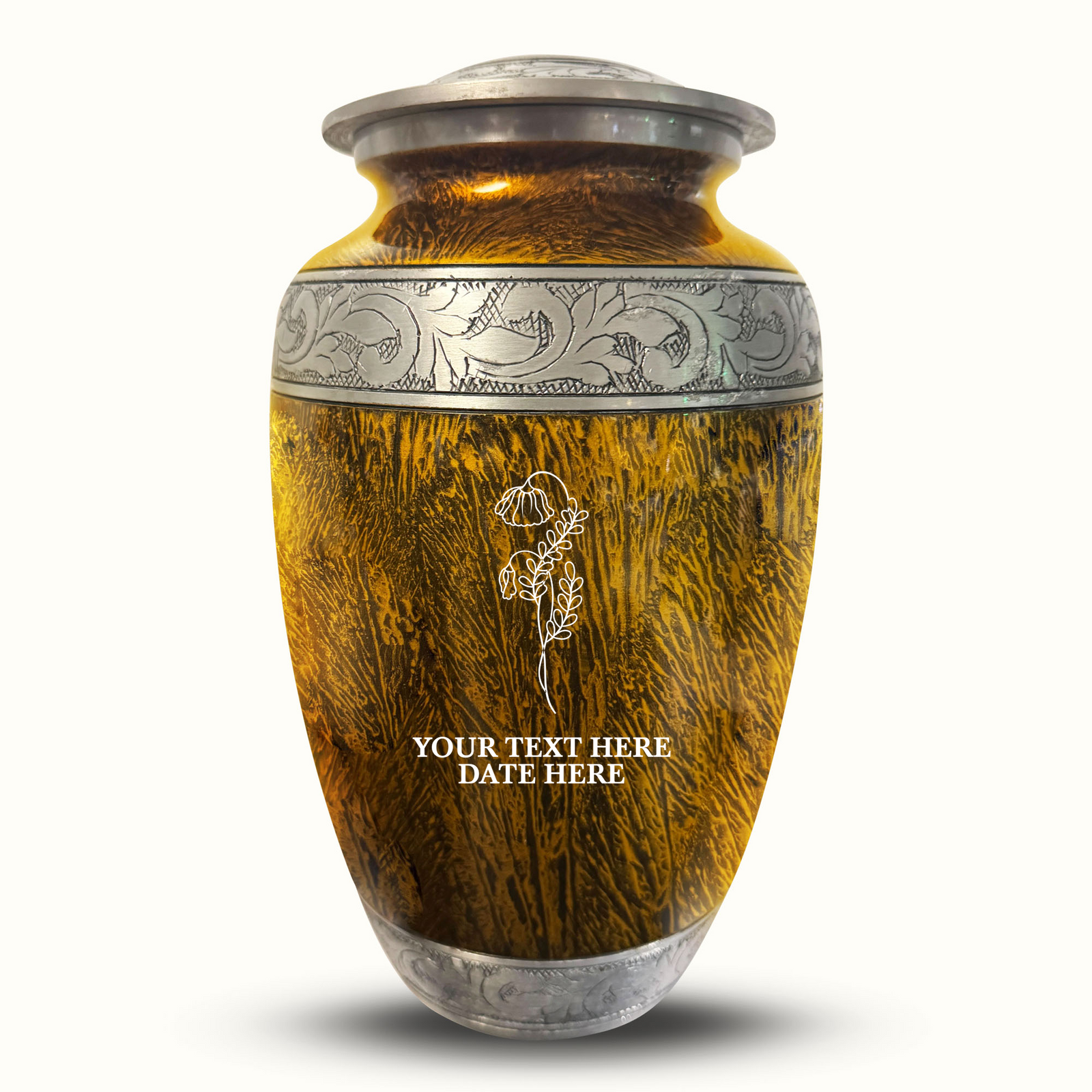Custom Aluminum Human Urn - Elevate Collection - Floral Design - Distressed Finish - 200 Cubic Inch