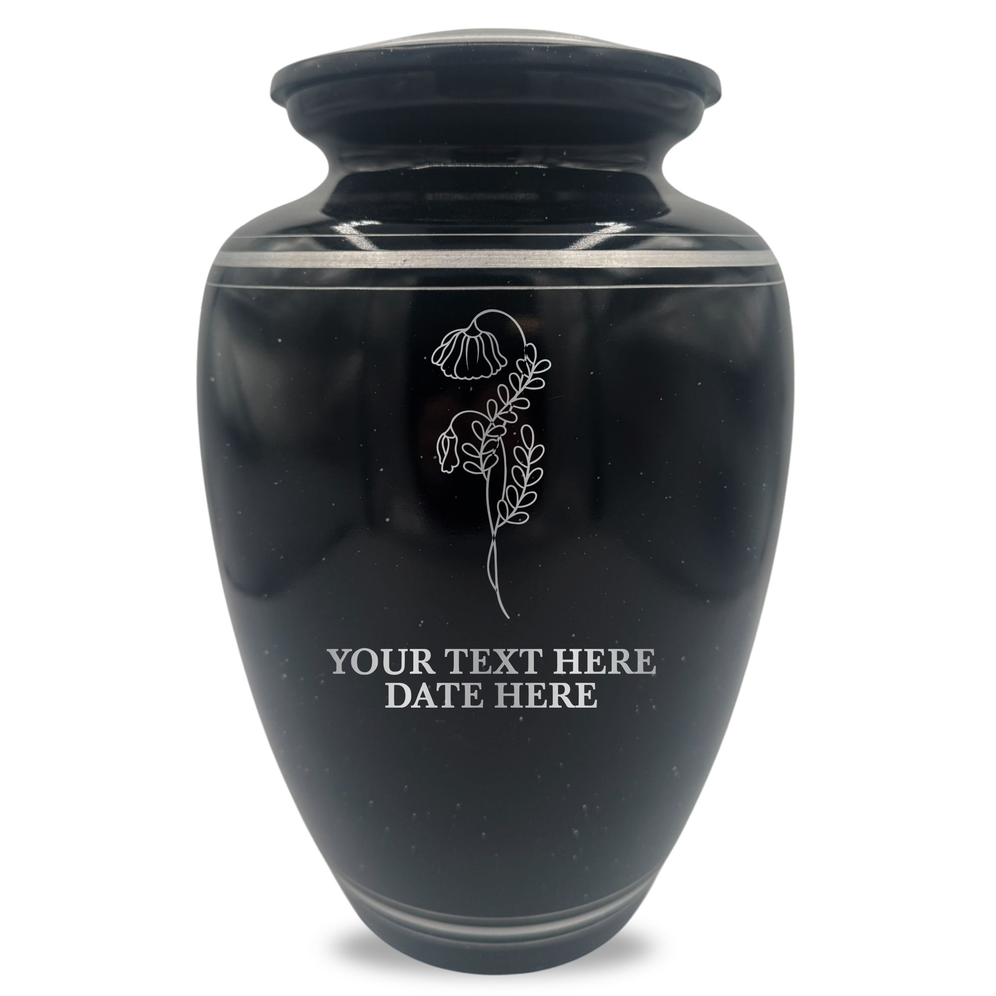 Extra Large Human Cremation Urn - 350 Cubic Inch - Black Spotted Finish with Silver Rim | Floral Memorial Collection 1