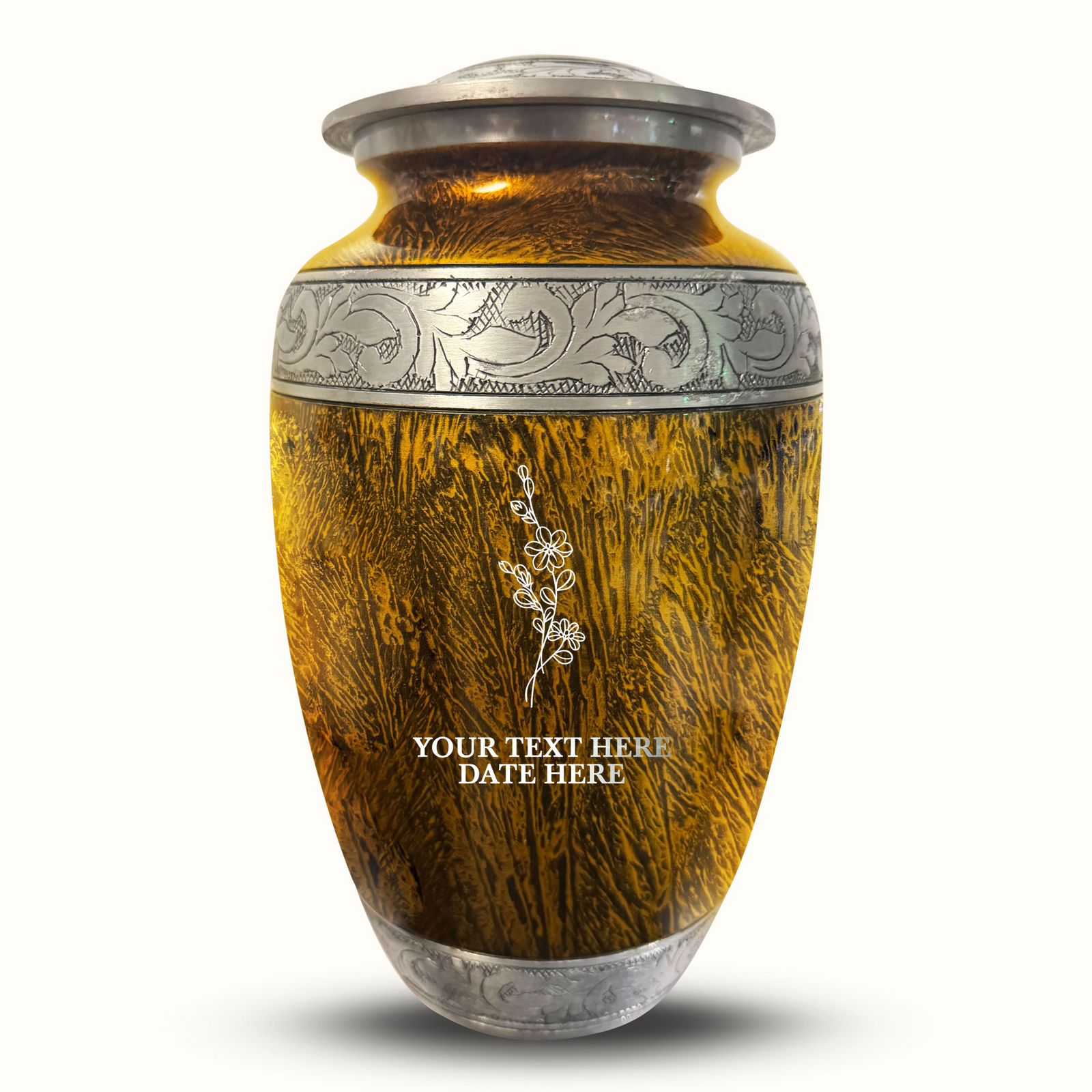 Custom Aluminum Human Urn - Elevate Collection - Floral Design - Distressed Finish - 200 Cubic Inch