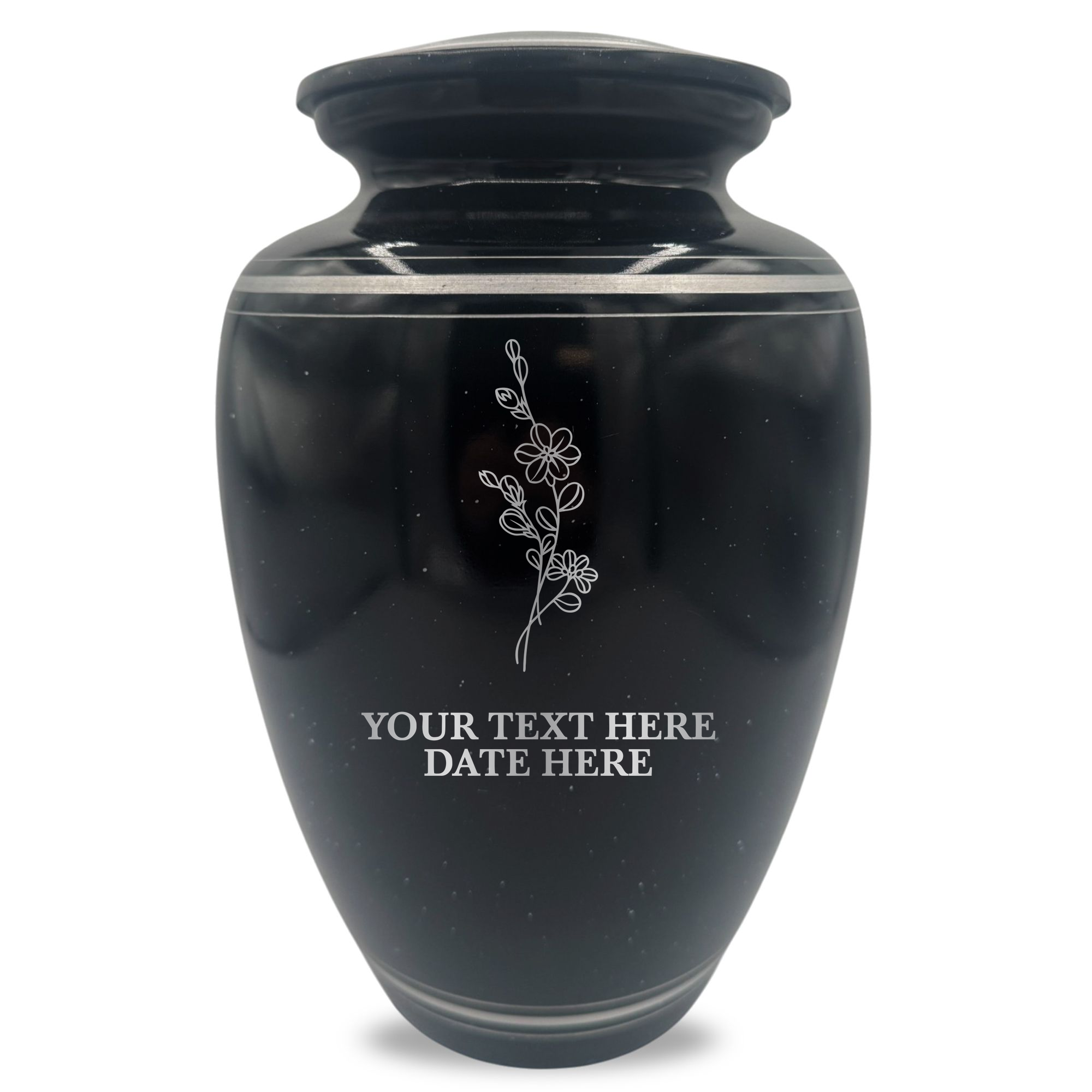 Extra Large Human Cremation Urn - 350 Cubic Inch - Black Spotted Finish with Silver Rim | Floral Memorial Collection 1