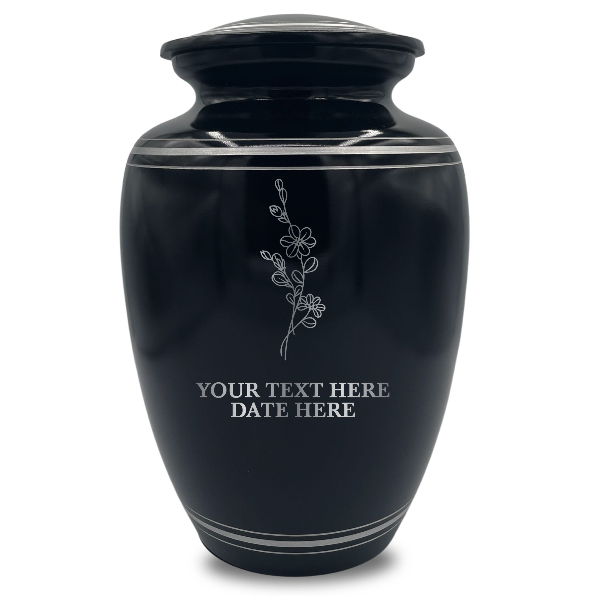 Human Cremation Urn - 350 Cubic Inch Capacity - Black with Silver Rim | Floral Memorial