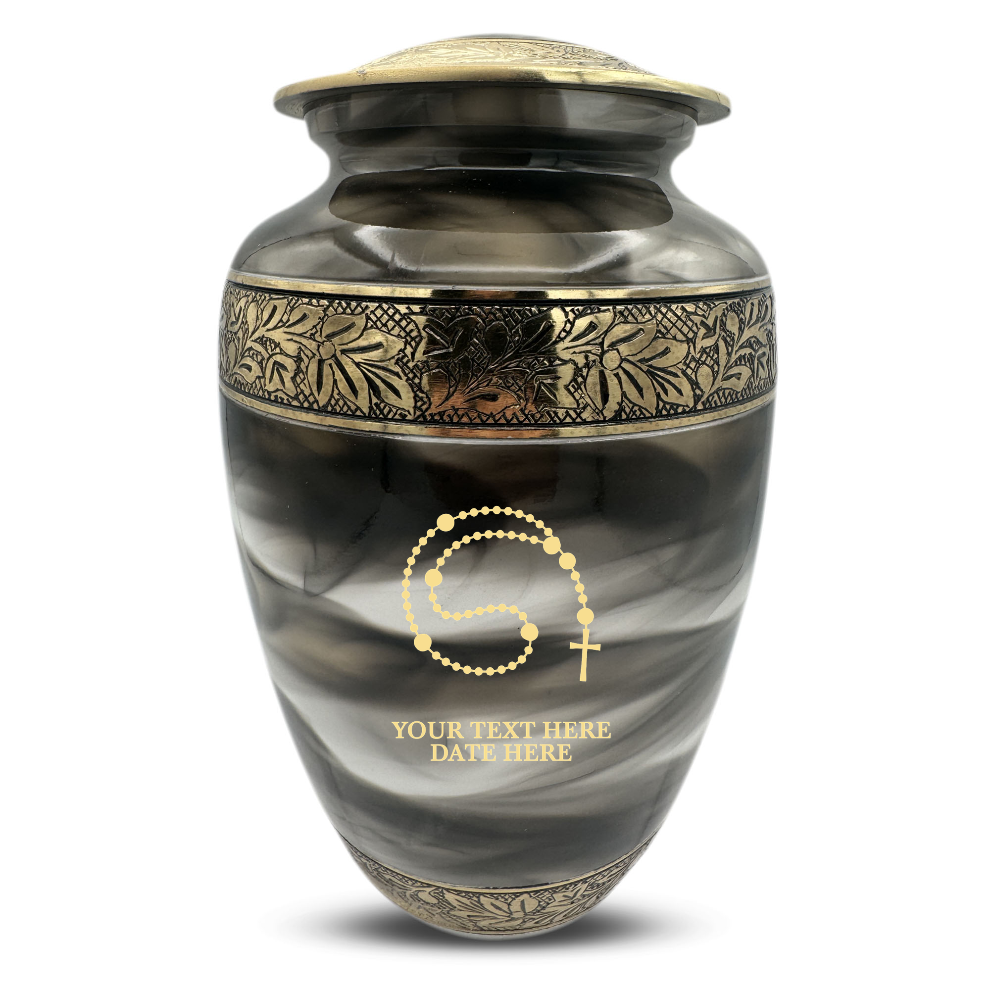Custom Aluminum Cremation Urn for Human Ashes - Suzesta Pearl White Memorial Urn - Memorial Rosary Design - 200 Cubic Inch