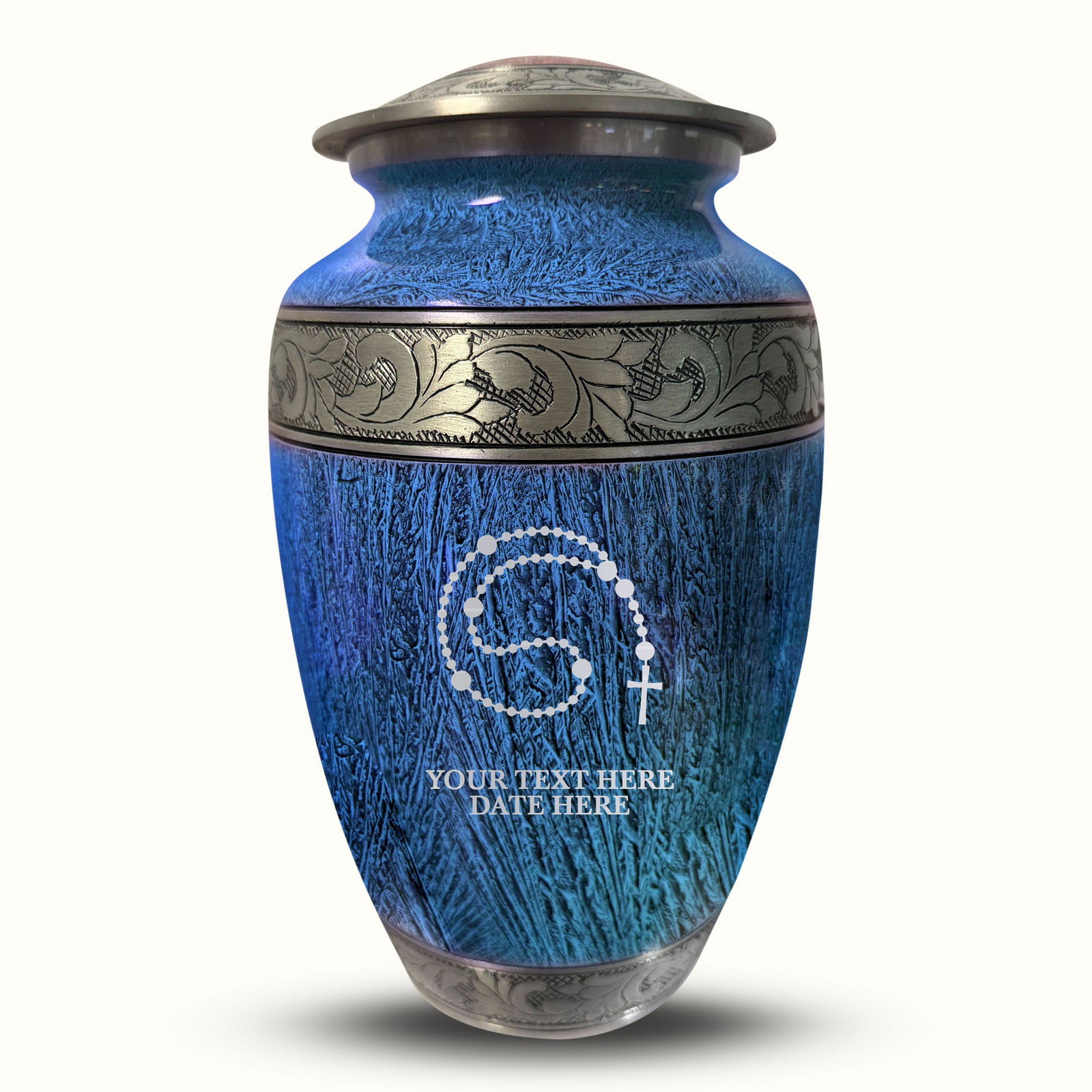 Custom Aluminum Human Urn - Elevate Collection - Rosary Design - Distressed Finish - 200 Cubic Inch