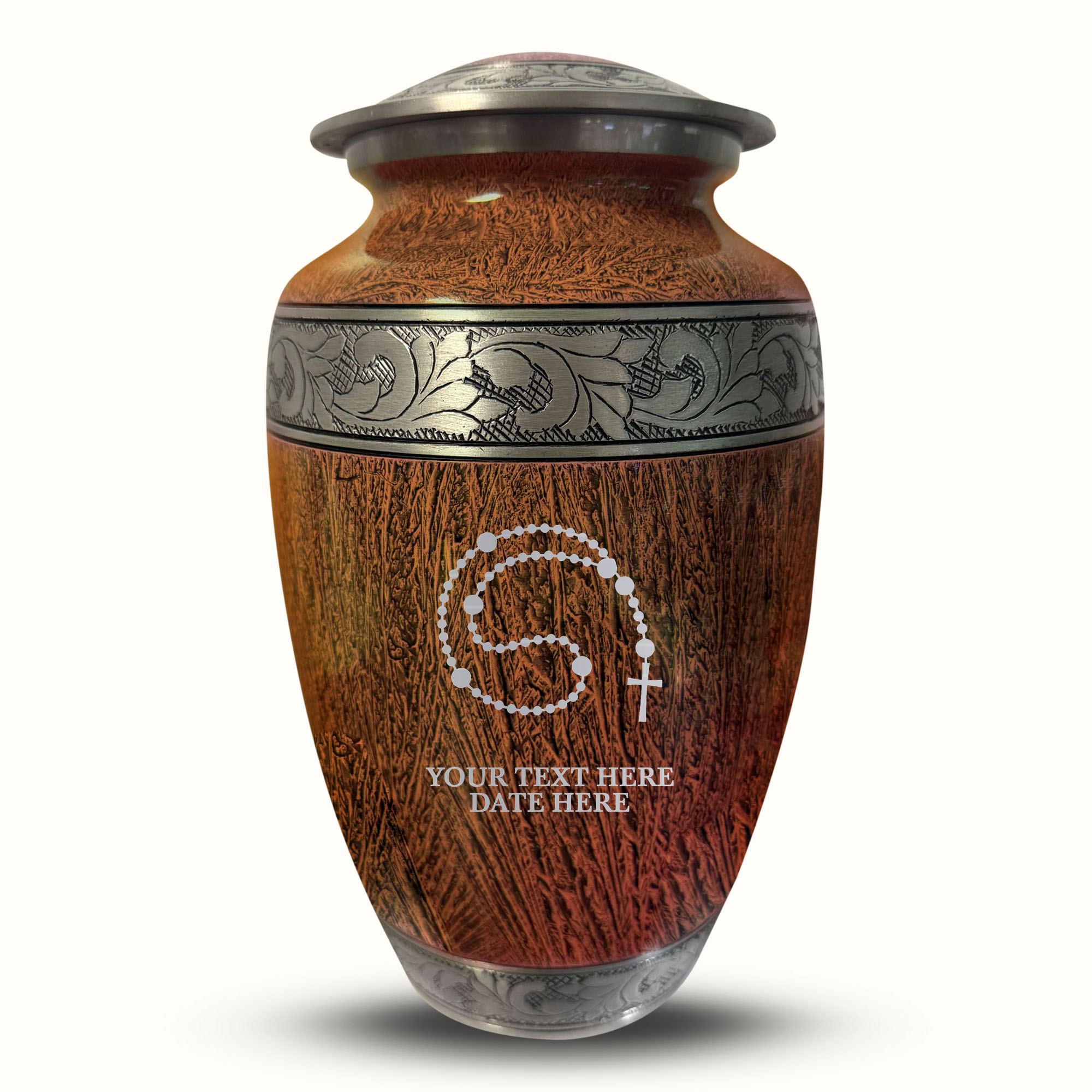 Custom Large Cremation Urn for Human Ashes - Elevate Collection - Rosary Design - Distressed Finish - 200 Cubic Inch