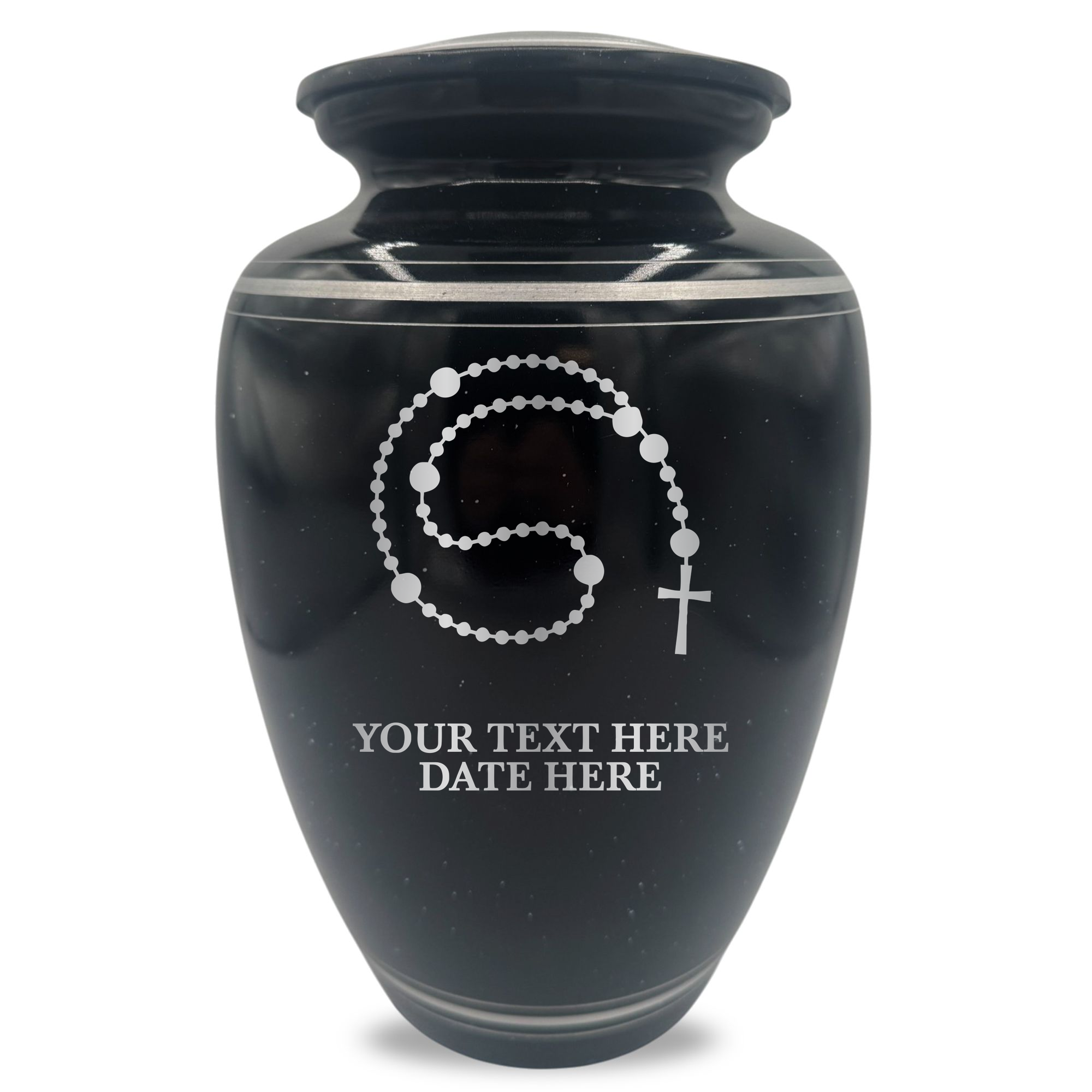 Extra Large Human Cremation Urn - 350 Cubic Inch - Black Spotted Finish with Silver Rim | Rosary Memorial