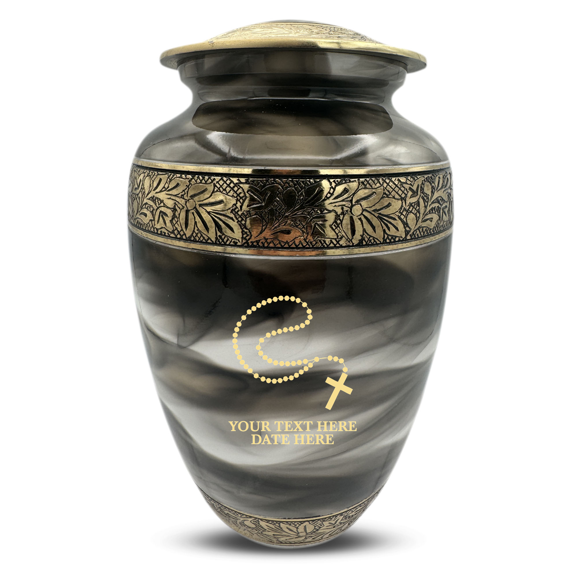 Custom Aluminum Cremation Urn for Human Ashes - Suzesta Pearl White Memorial Urn - Memorial Rosary Design - 200 Cubic Inch