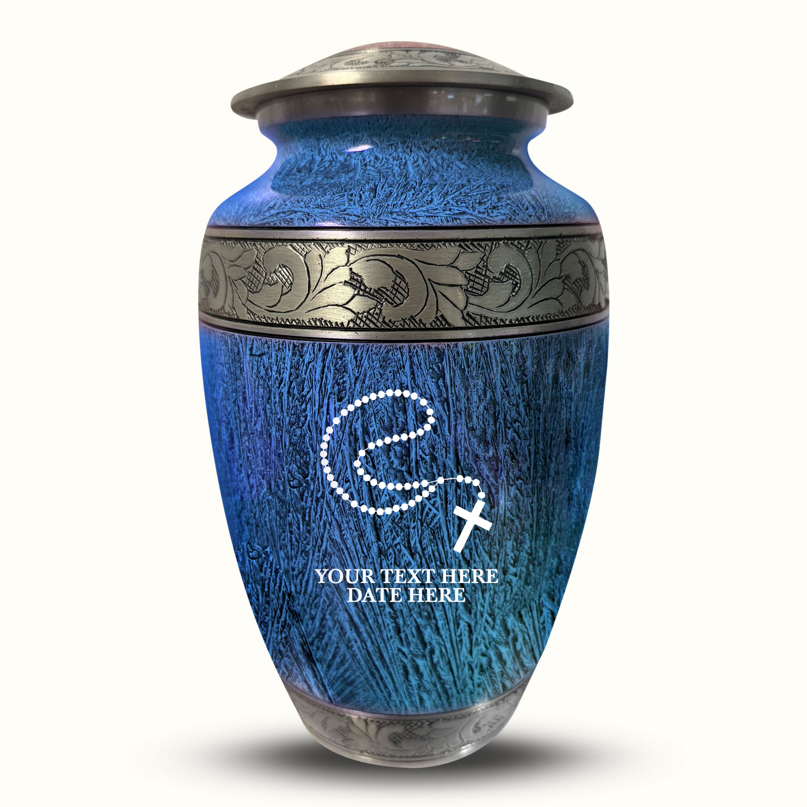 Custom Aluminum Human Urn - Elevate Collection - Rosary Design - Distressed Finish - 200 Cubic Inch