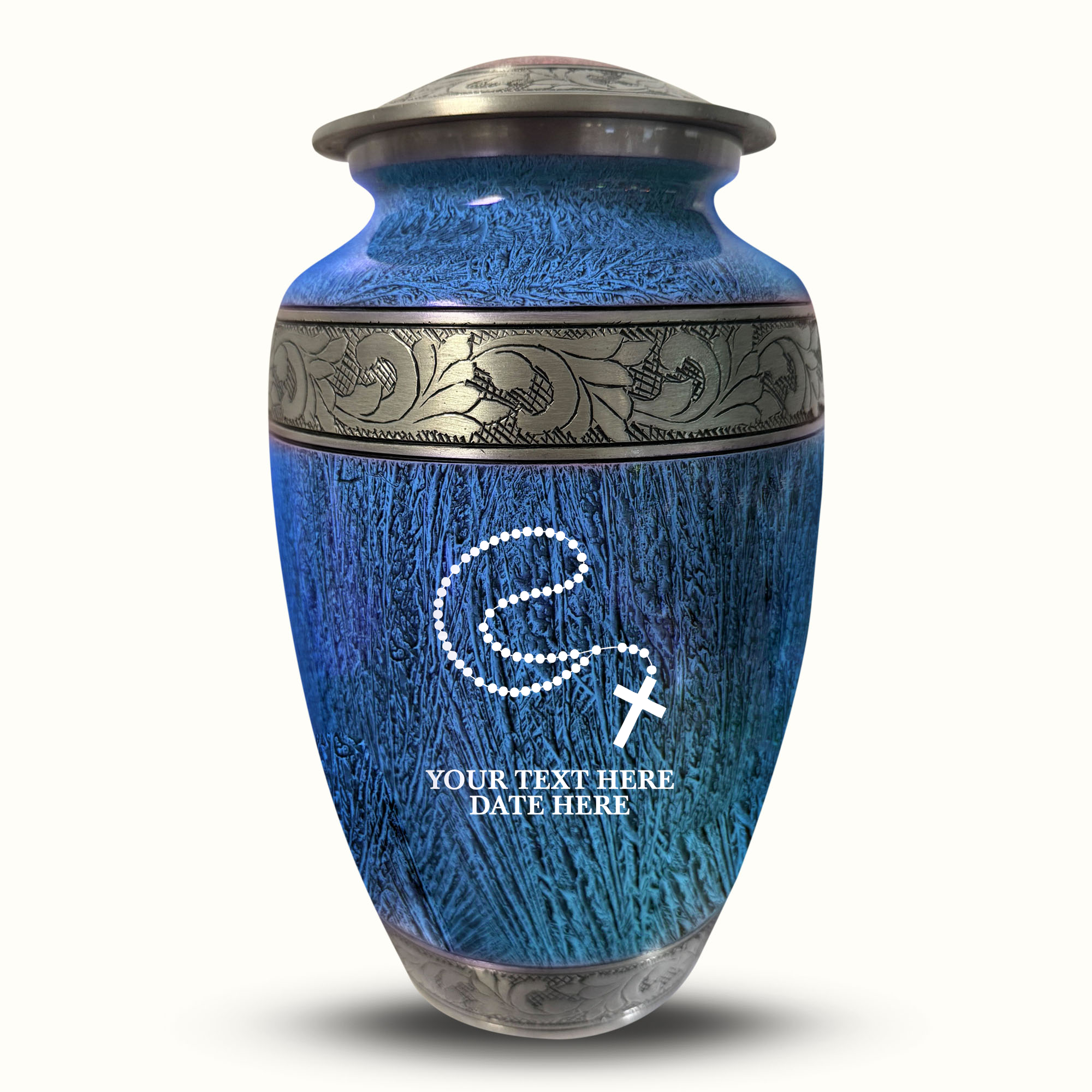 Custom Large Cremation Urn for Human Ashes - Elevate Collection - Rosary Design - Distressed Finish - 200 Cubic Inch