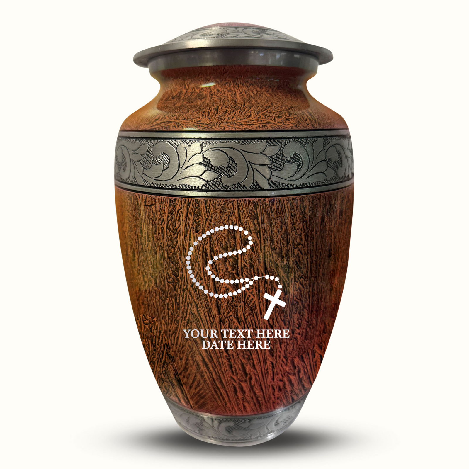 Custom Aluminum Human Urn - Elevate Collection - Rosary Design - Distressed Finish - 200 Cubic Inch