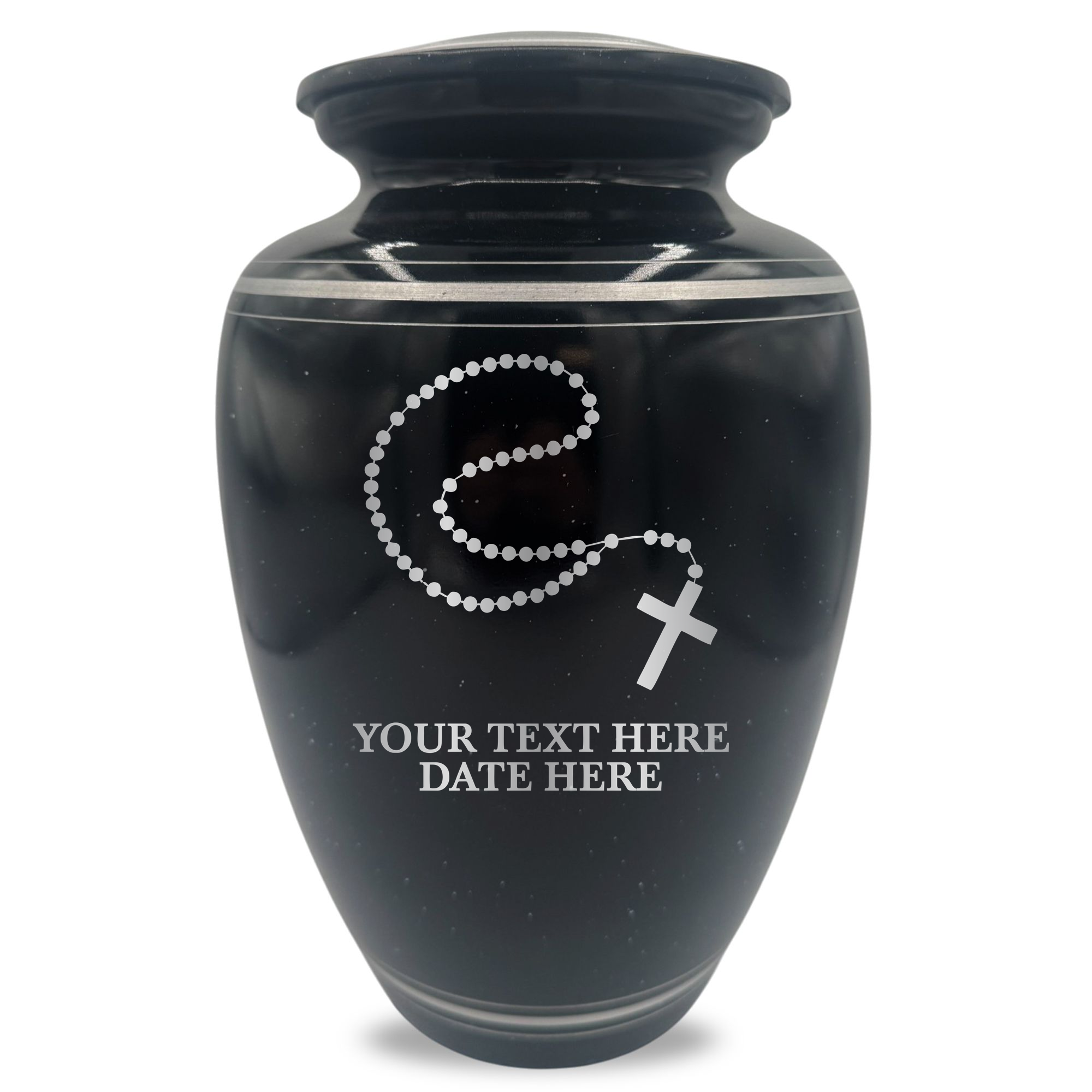 Extra Large Human Cremation Urn - 350 Cubic Inch - Black Spotted Finish with Silver Rim | Rosary Memorial