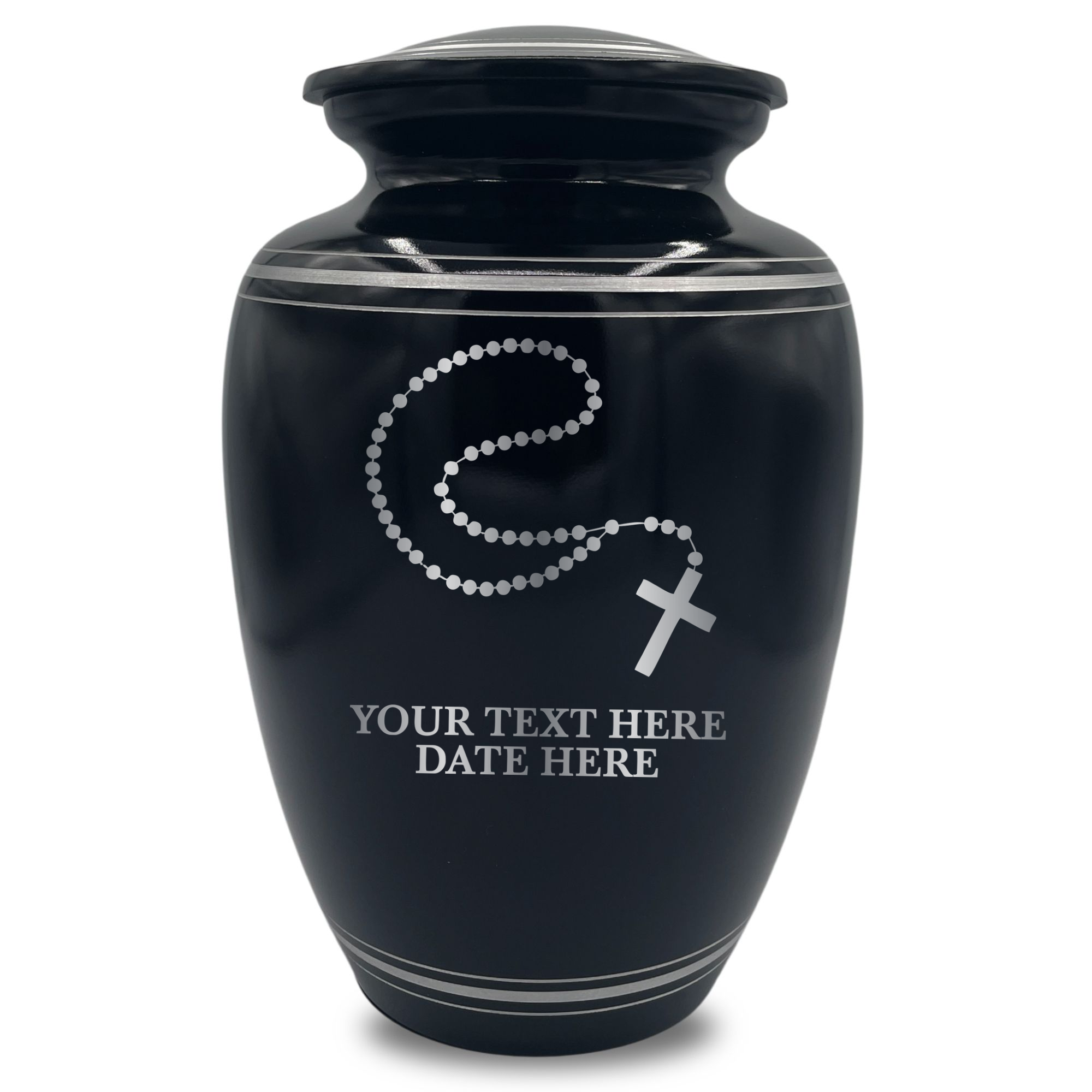 Human Cremation Urn – 350 Cubic Inch Capacity – Black with Silver Rim | Rosary Memorial