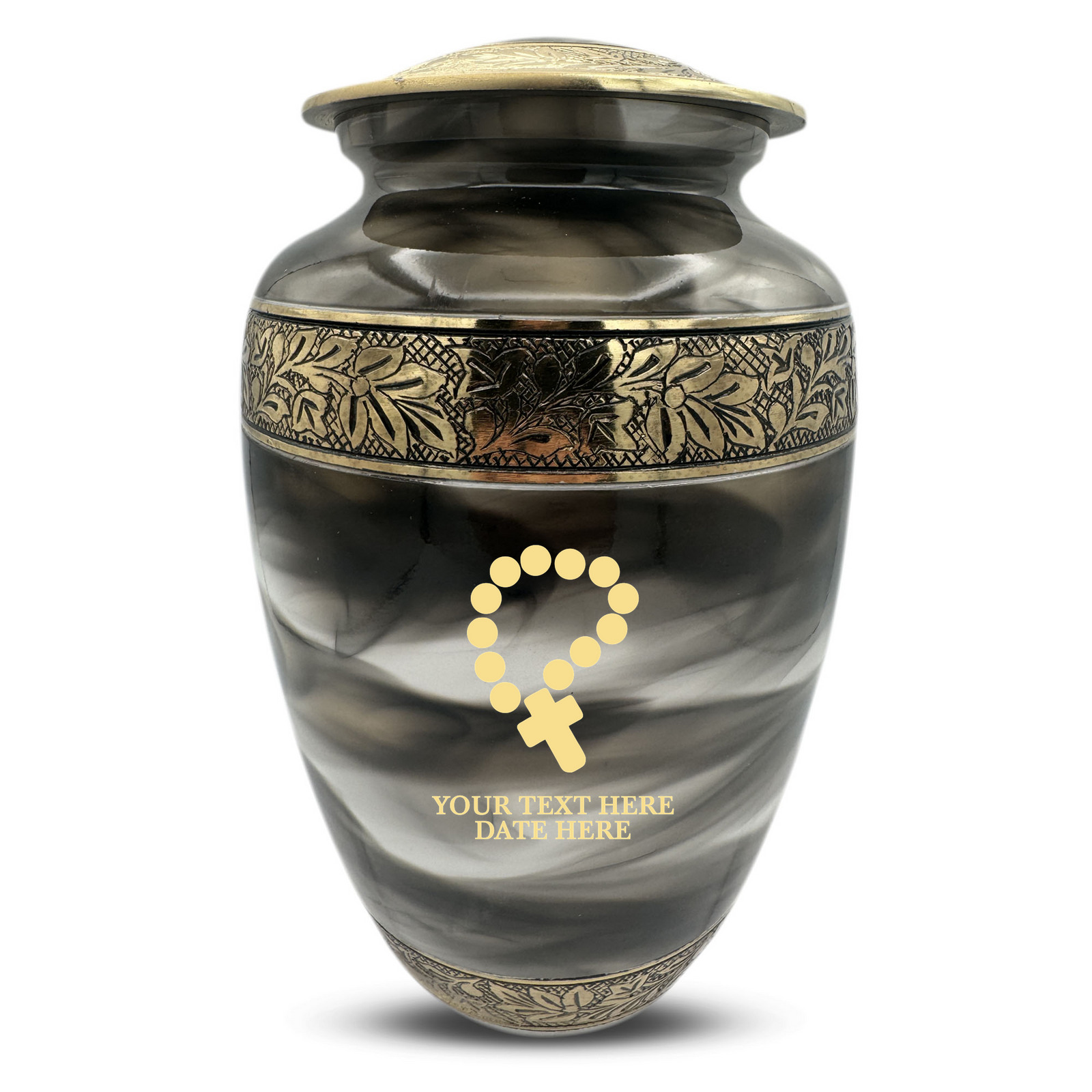 Custom Aluminum Human Urns - Suzesta Pearl White Memorial Urn - Memorial Rosary Design - 200 Cubic Inch