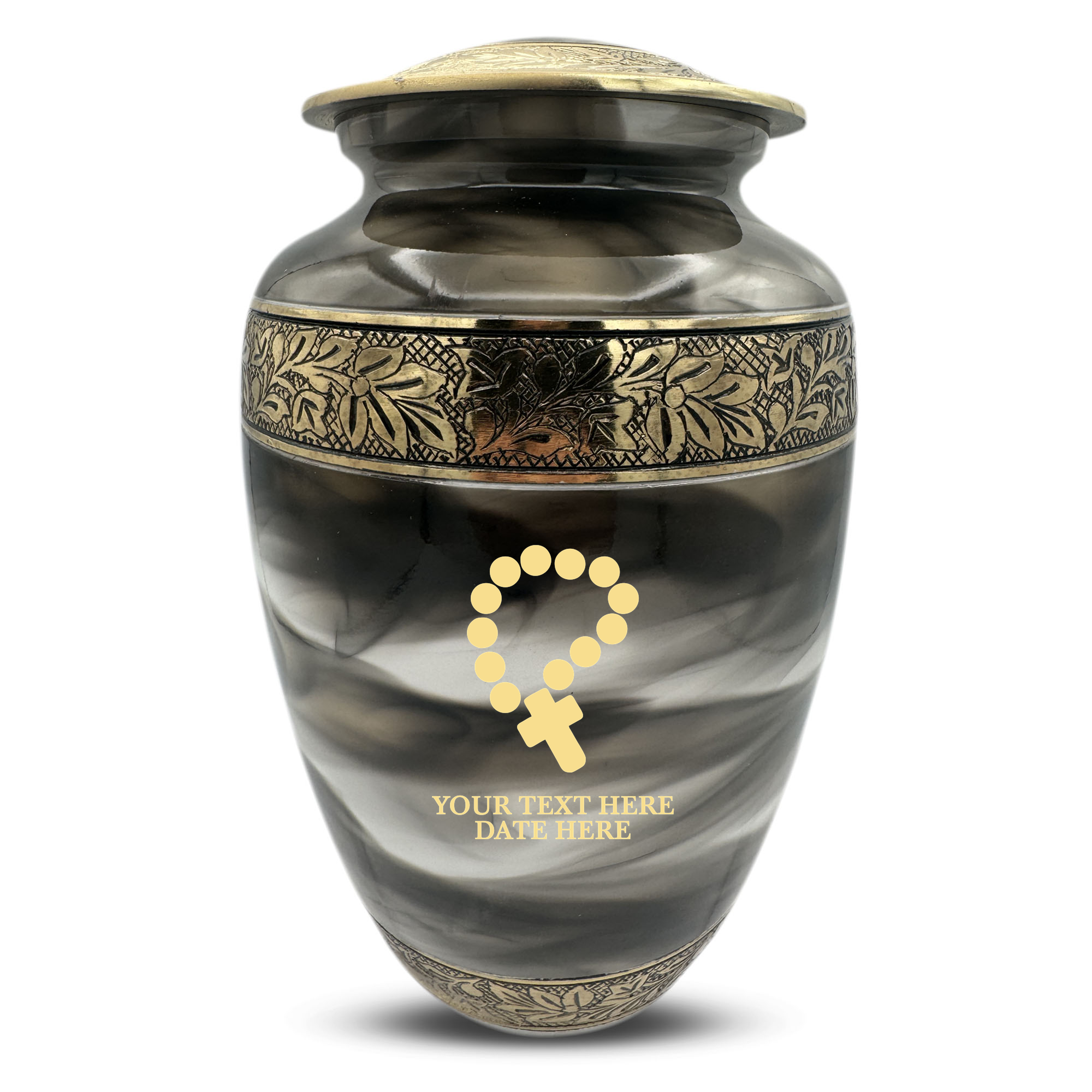 Custom Aluminum Cremation Urn for Human Ashes - Suzesta Pearl White Memorial Urn - Memorial Rosary Design - 200 Cubic Inch