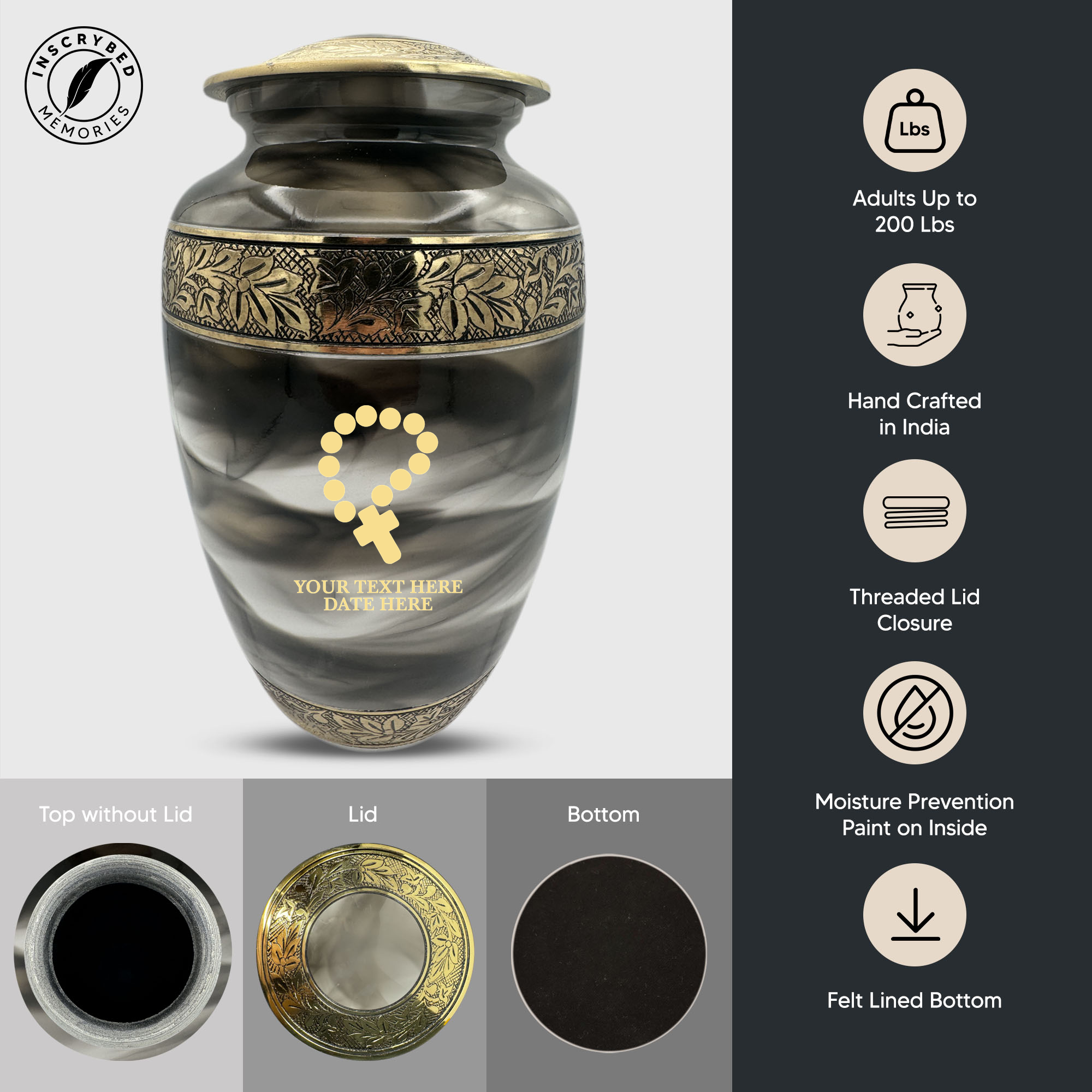Custom Aluminum Cremation Urn for Human Ashes - Suzesta Pearl White Memorial Urn - Memorial Rosary Design - 200 Cubic Inch