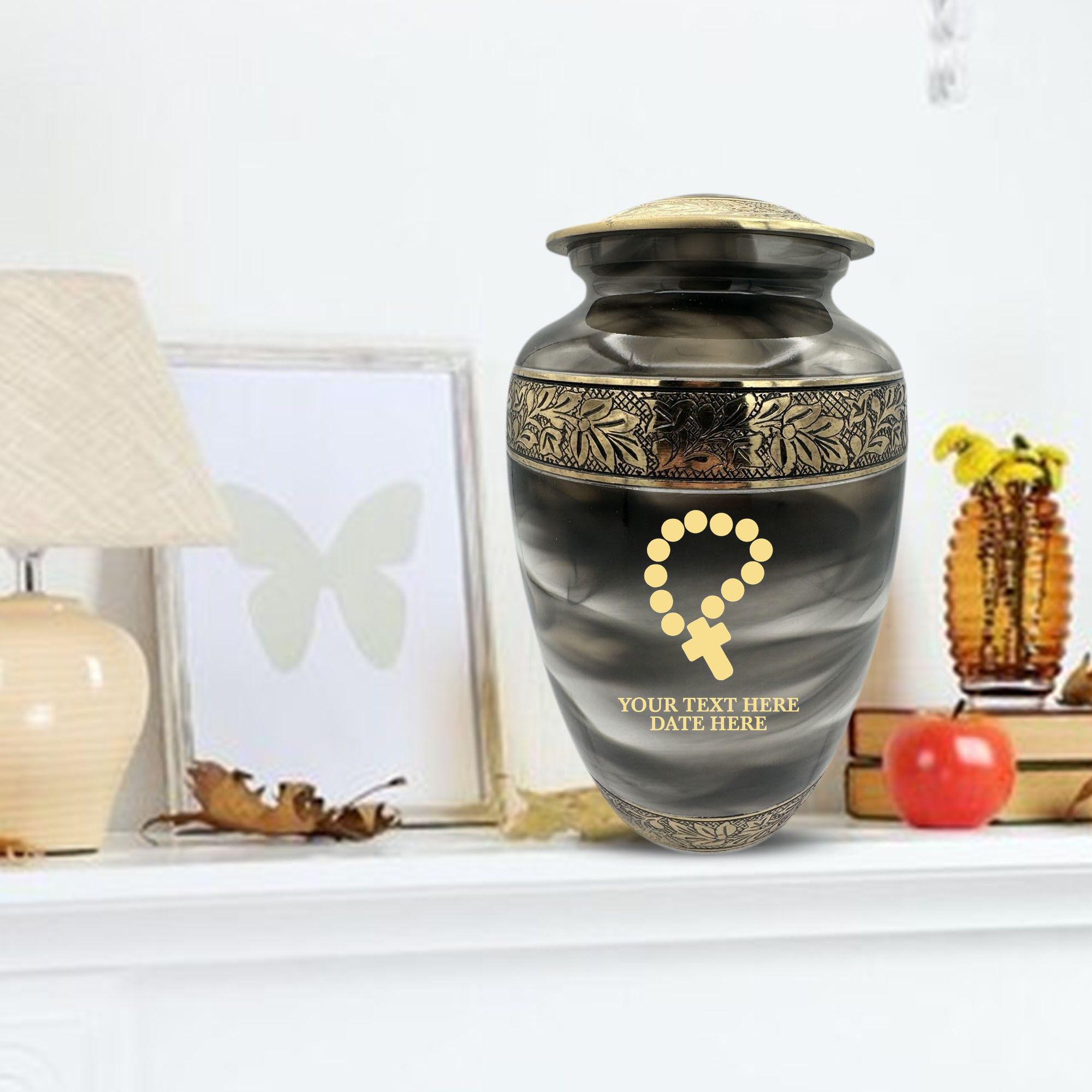 Custom Aluminum Cremation Urn for Human Ashes - Suzesta Pearl White Memorial Urn - Memorial Rosary Design - 200 Cubic Inch