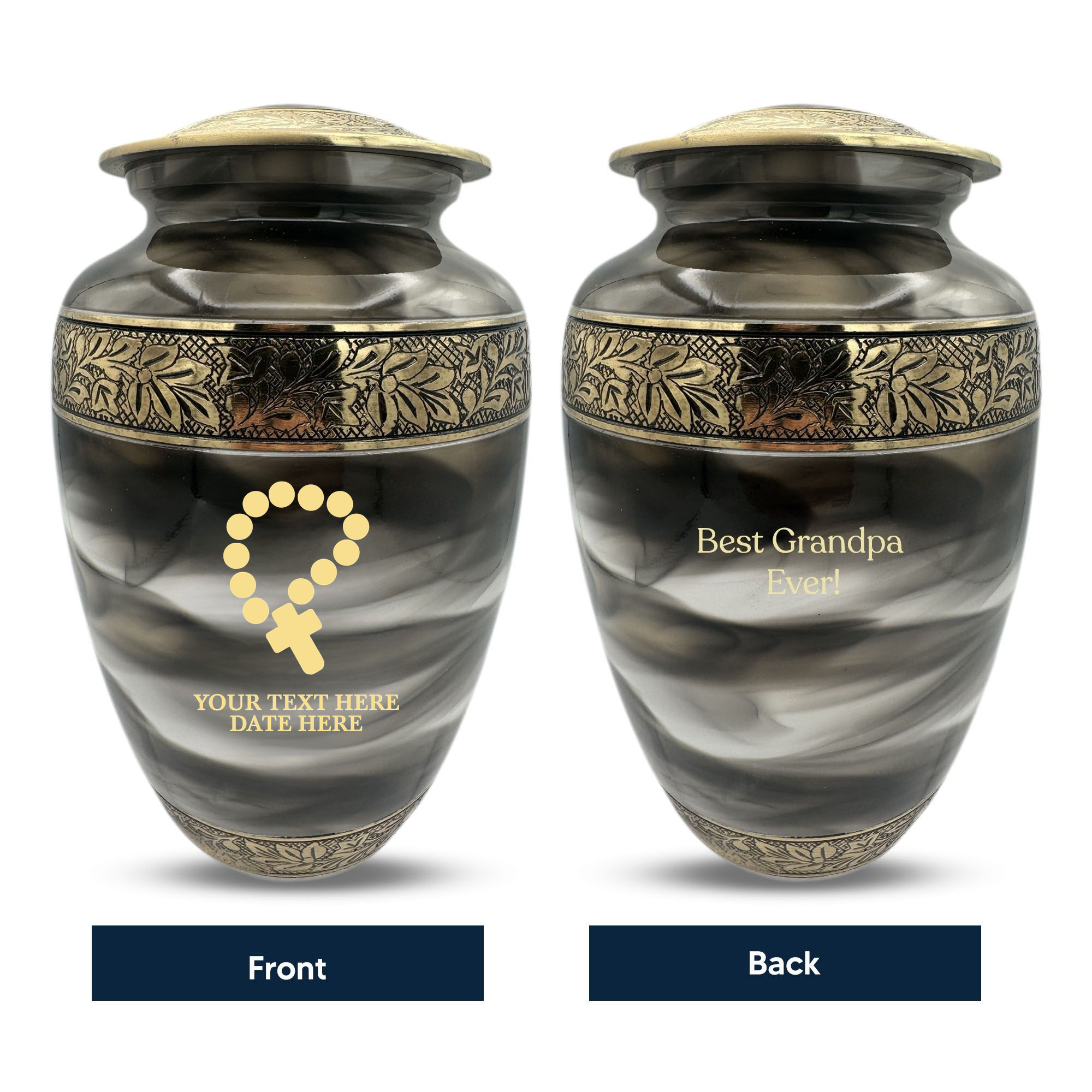 Custom Aluminum Cremation Urn for Human Ashes - Suzesta Pearl White Memorial Urn - Memorial Rosary Design - 200 Cubic Inch