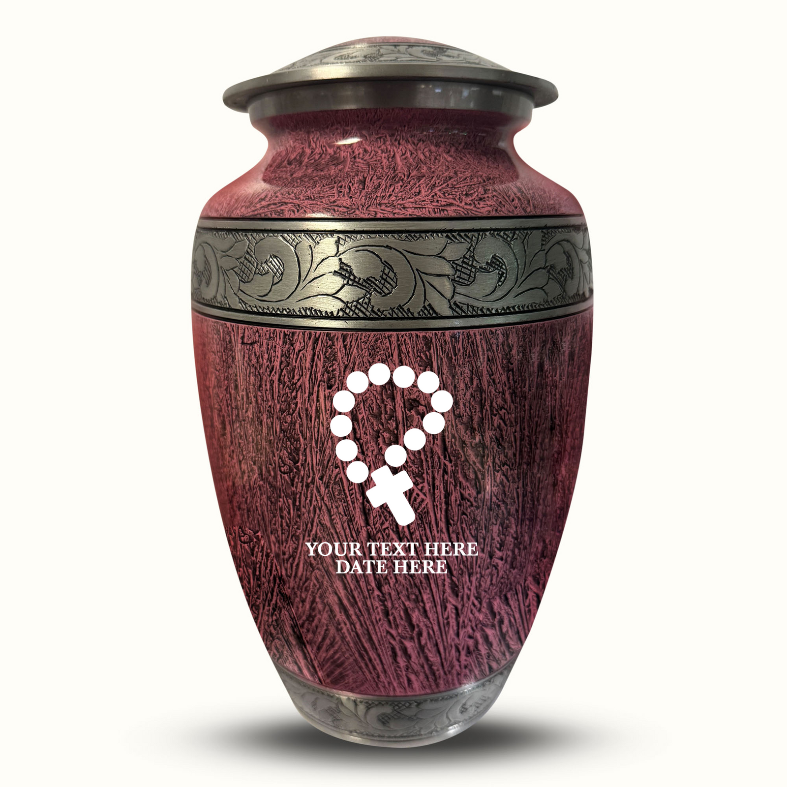 Custom Aluminum Human Urn - Elevate Collection - Rosary Design - Distressed Finish - 200 Cubic Inch