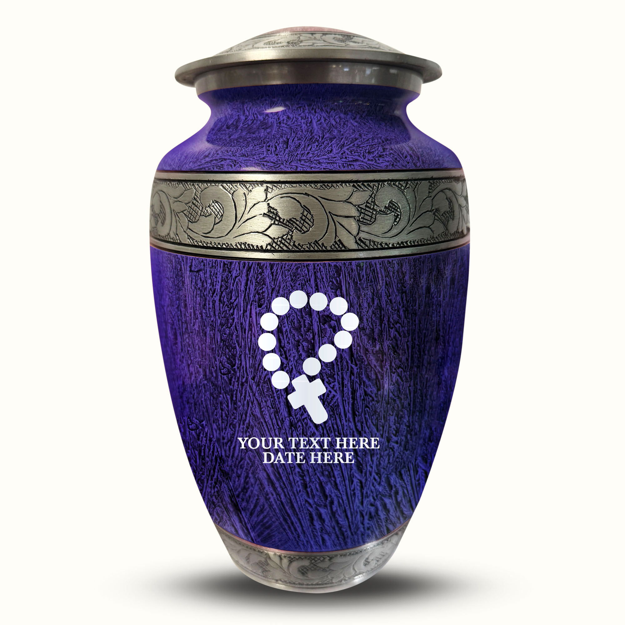 Custom Large Cremation Urn for Human Ashes - Elevate Collection - Rosary Design - Distressed Finish - 200 Cubic Inch