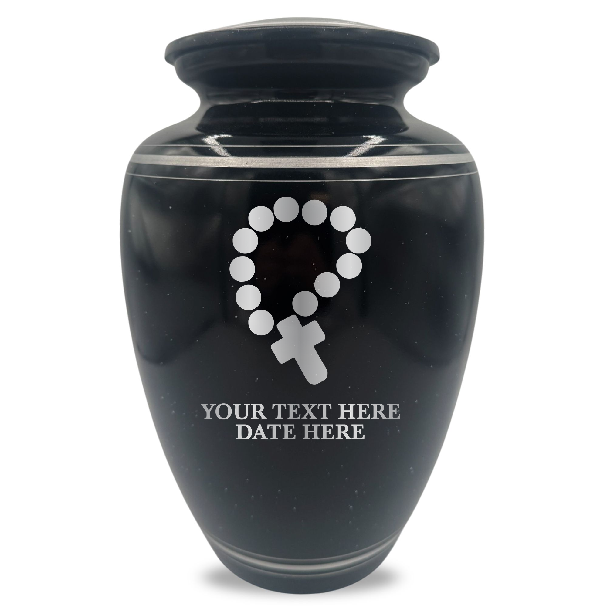 Extra Large Human Cremation Urn - 350 Cubic Inch - Black Spotted Finish with Silver Rim | Rosary Memorial