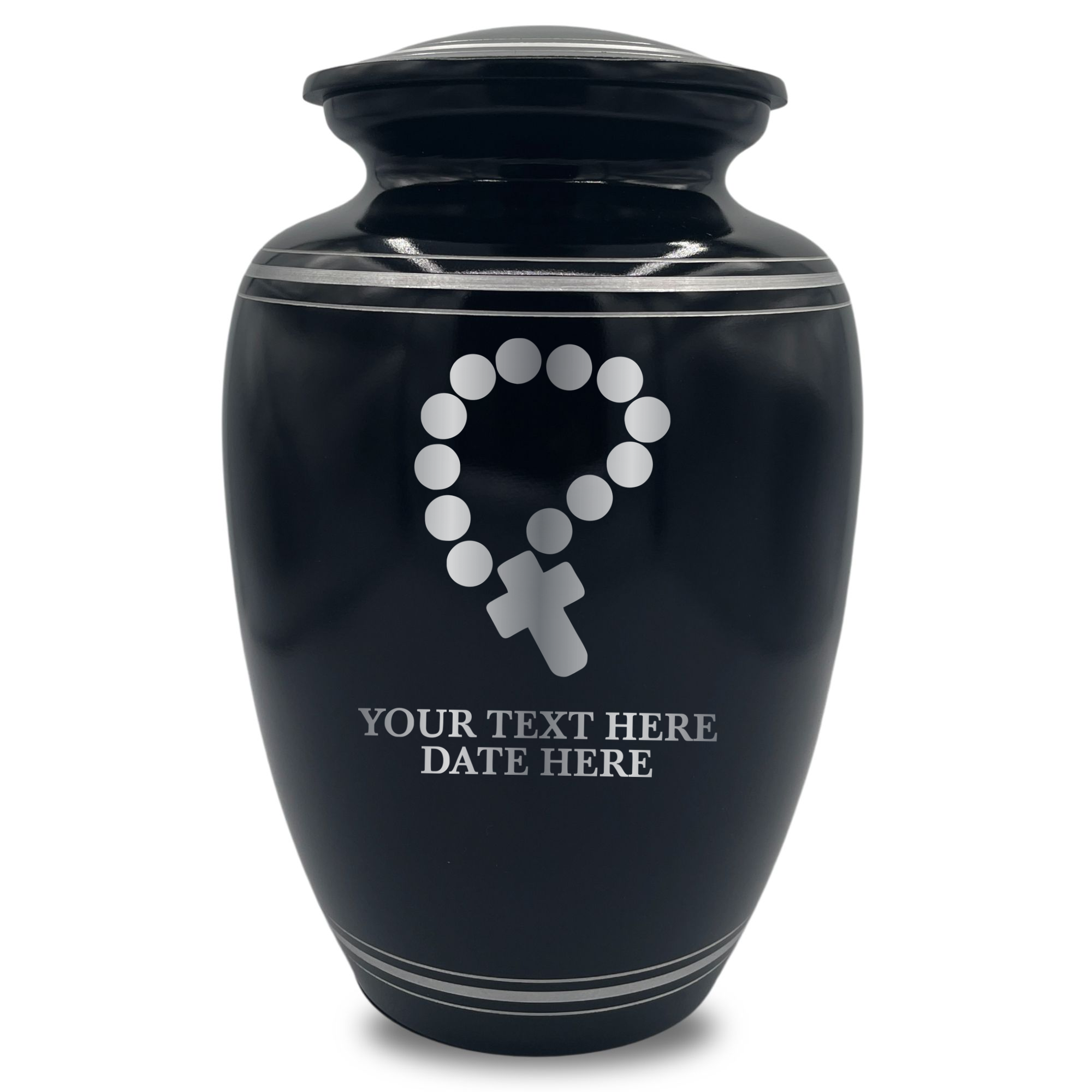 Human Cremation Urn – 350 Cubic Inch Capacity – Black with Silver Rim | Rosary Memorial