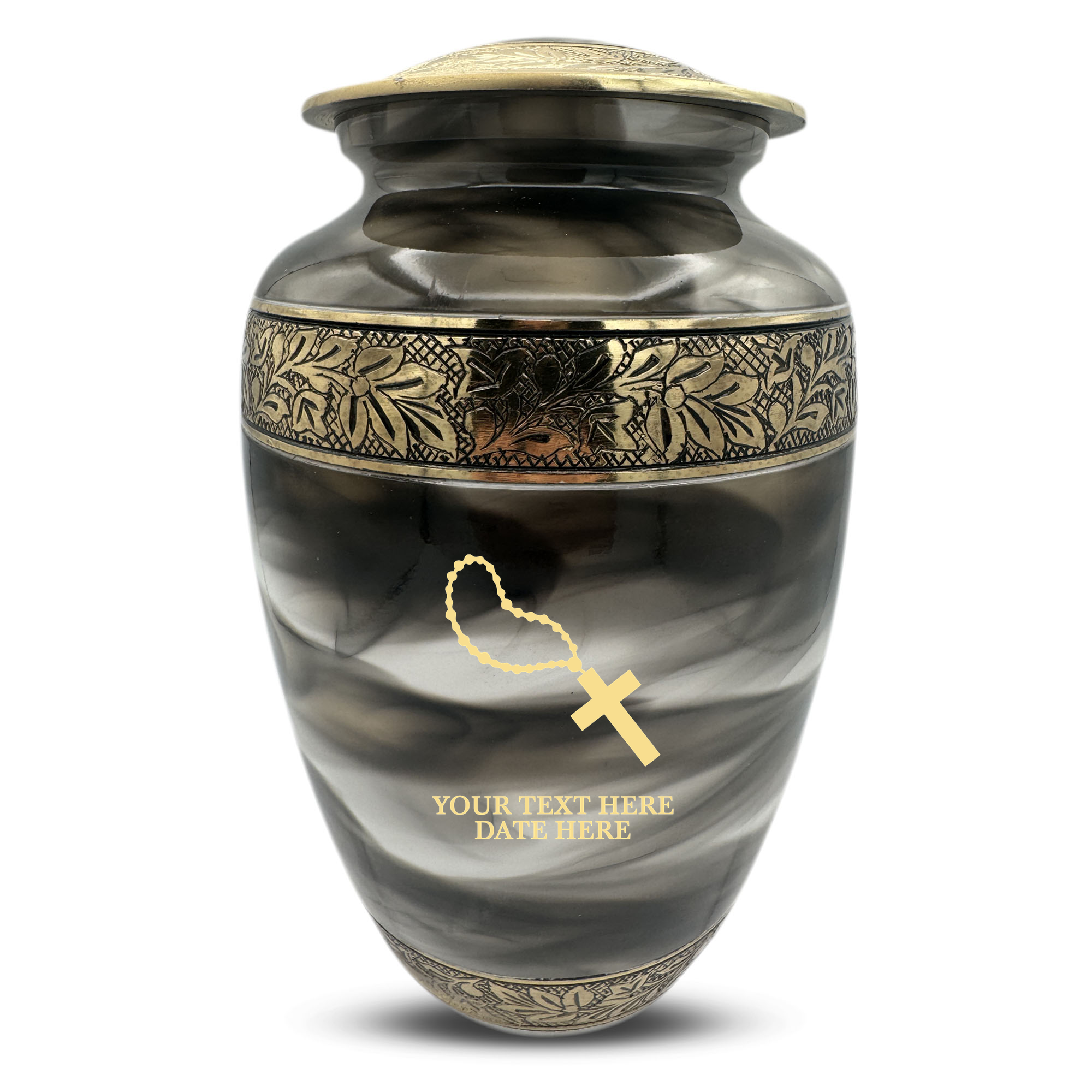 Custom Aluminum Cremation Urn for Human Ashes - Suzesta Pearl White Memorial Urn - Memorial Rosary Design - 200 Cubic Inch