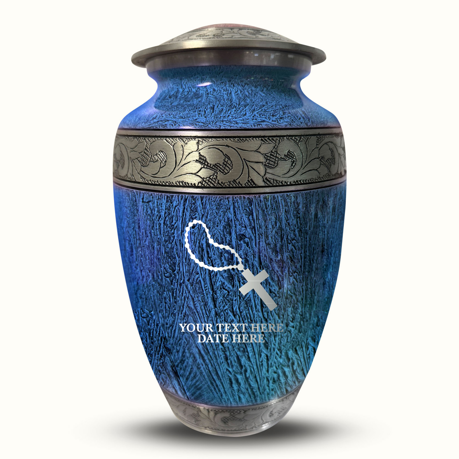 Custom Aluminum Human Urn - Elevate Collection - Rosary Design - Distressed Finish - 200 Cubic Inch