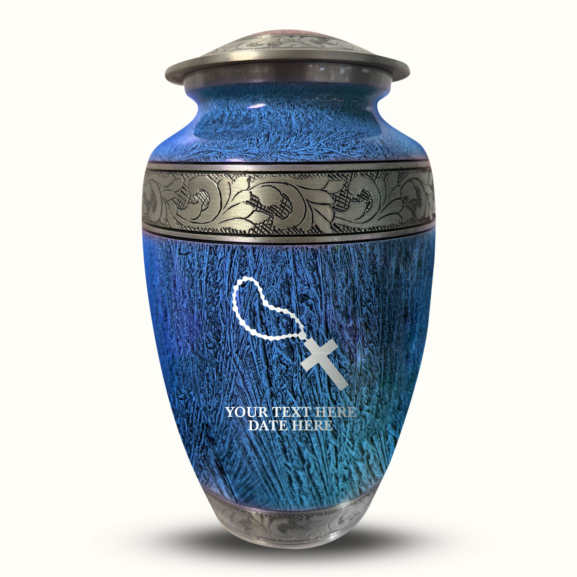 Custom Large Cremation Urn for Human Ashes - Elevate Collection - Rosary Design - Distressed Finish - 200 Cubic Inch
