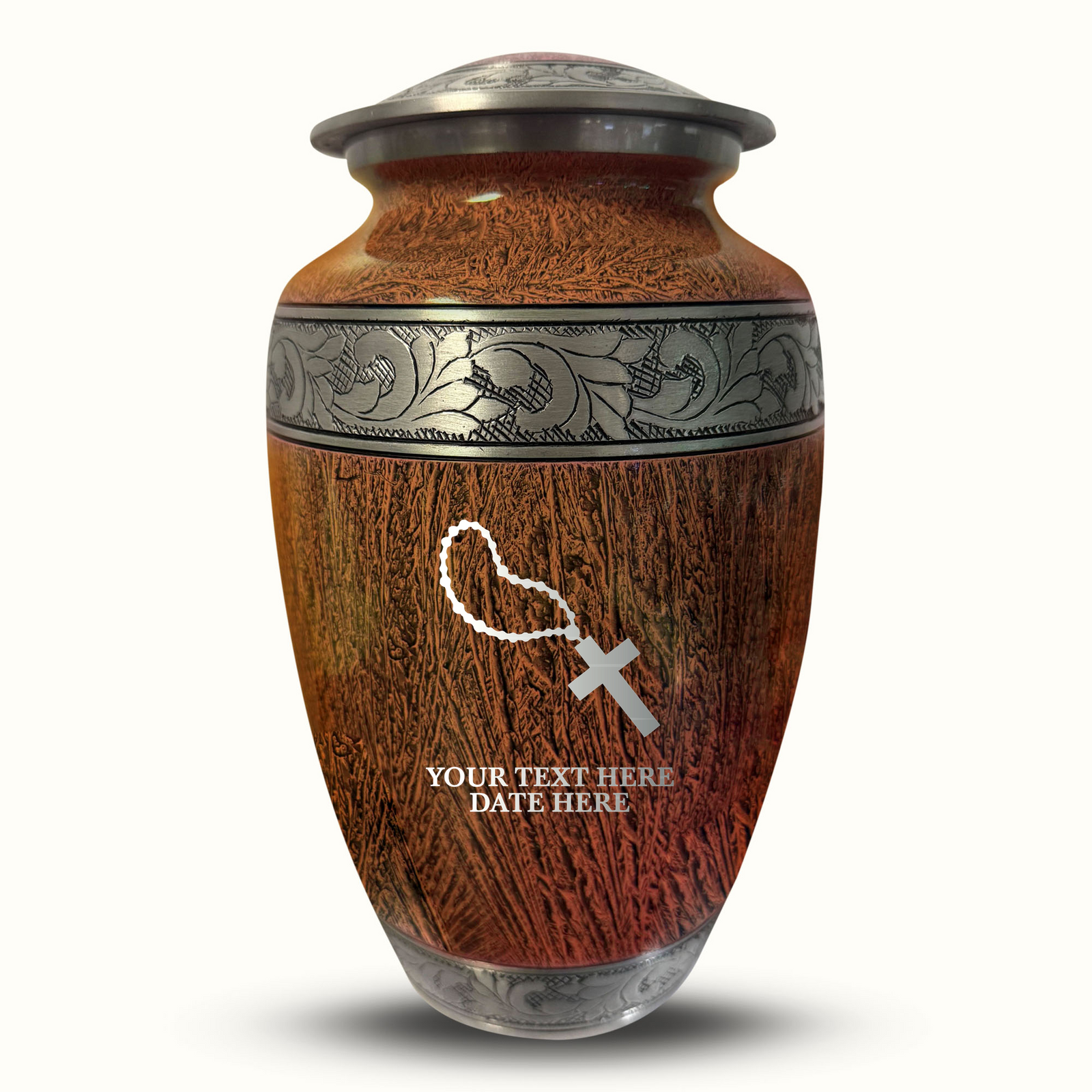 Custom Aluminum Human Urn - Elevate Collection - Rosary Design - Distressed Finish - 200 Cubic Inch