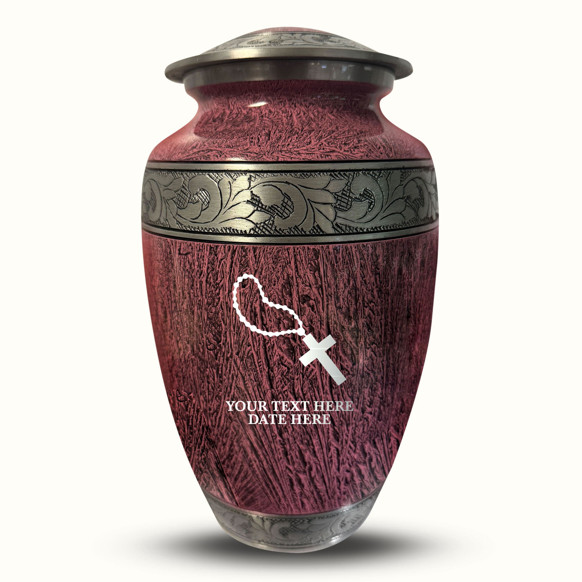 Custom Large Cremation Urn for Human Ashes - Elevate Collection - Rosary Design - Distressed Finish - 200 Cubic Inch