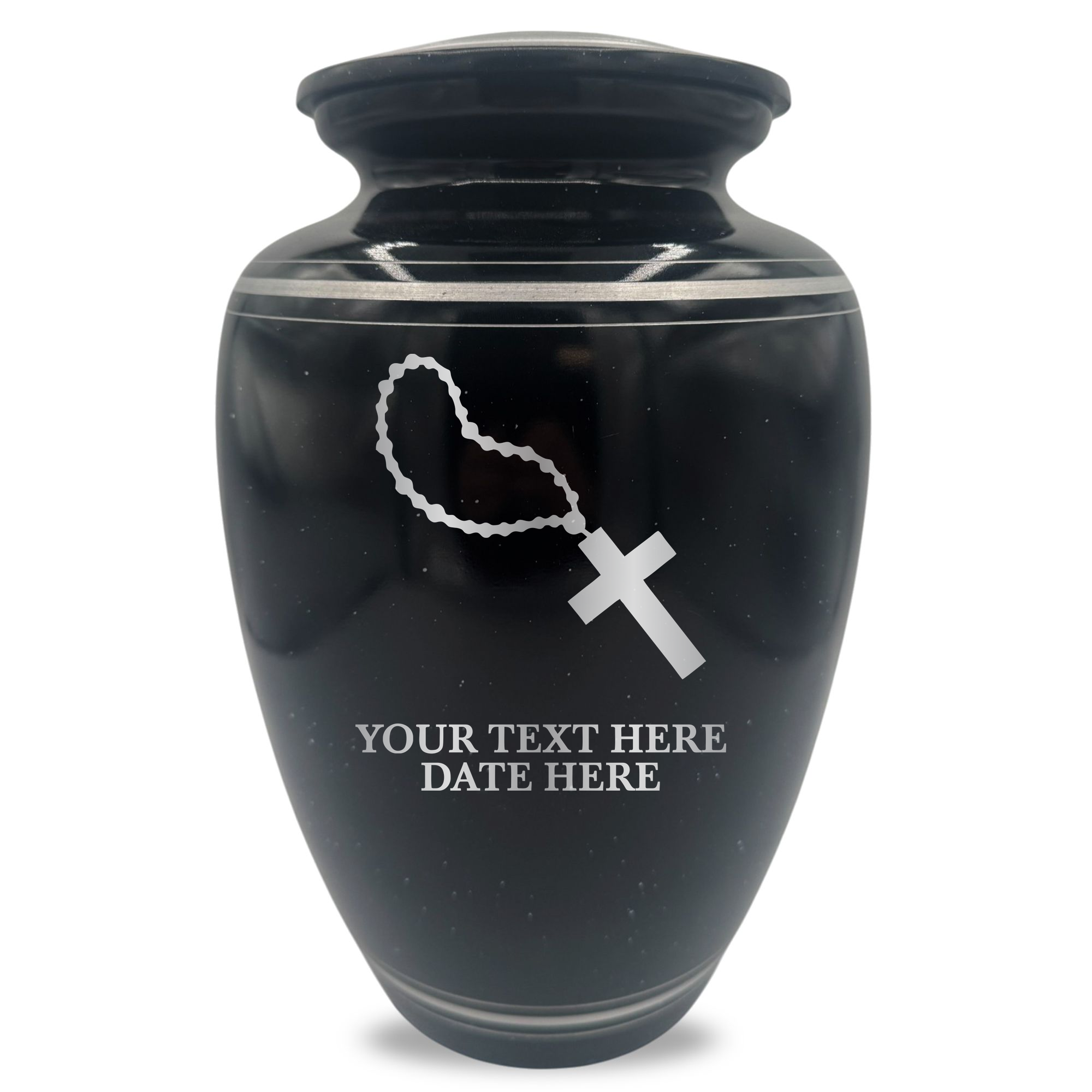 Extra Large Human Cremation Urn - 350 Cubic Inch - Black Spotted Finish with Silver Rim | Rosary Memorial