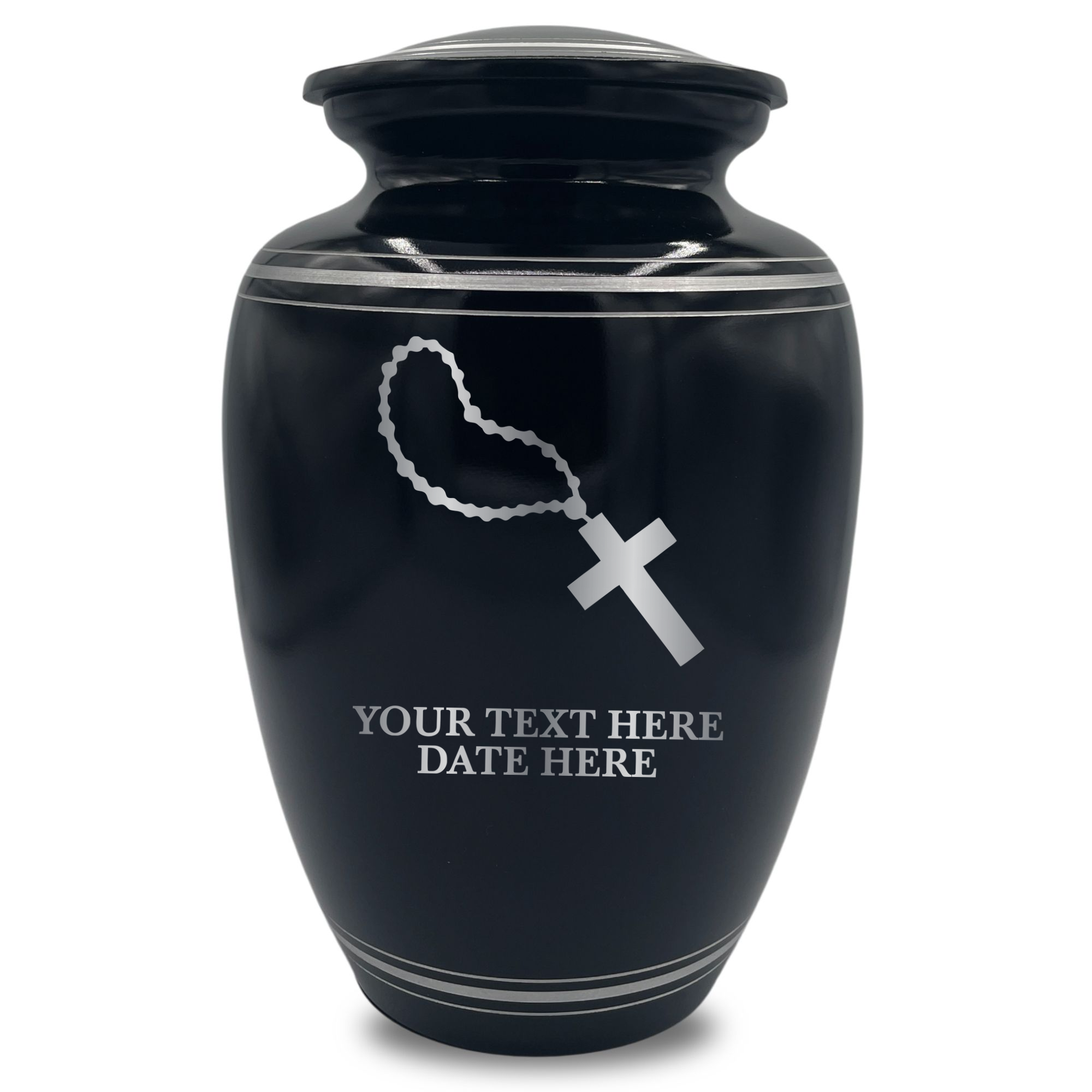 Human Cremation Urn – 350 Cubic Inch Capacity – Black with Silver Rim | Rosary Memorial