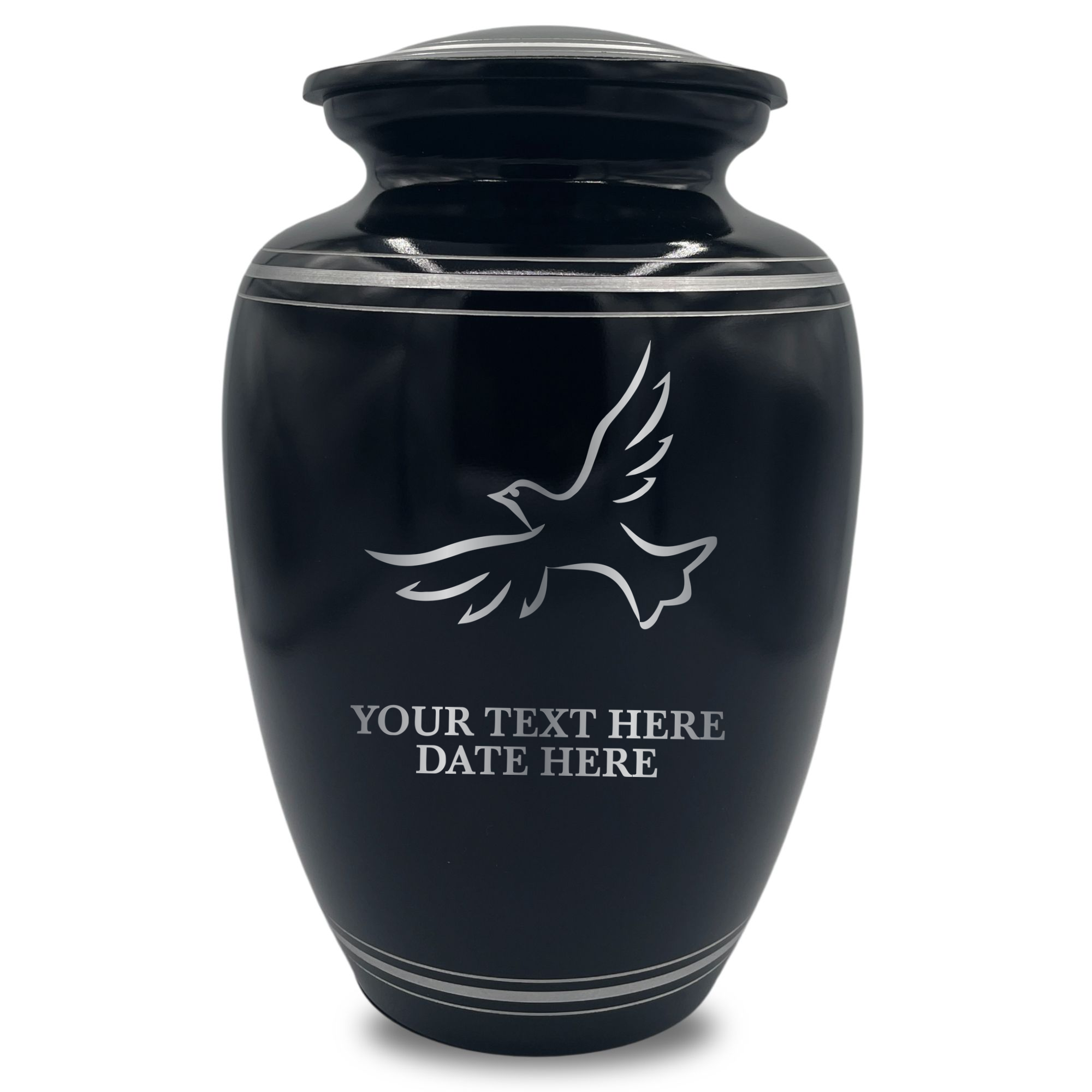 Human Cremation Urn - 350 Cubic Inch Capacity - Black with Silver Rim | Memorial Dove