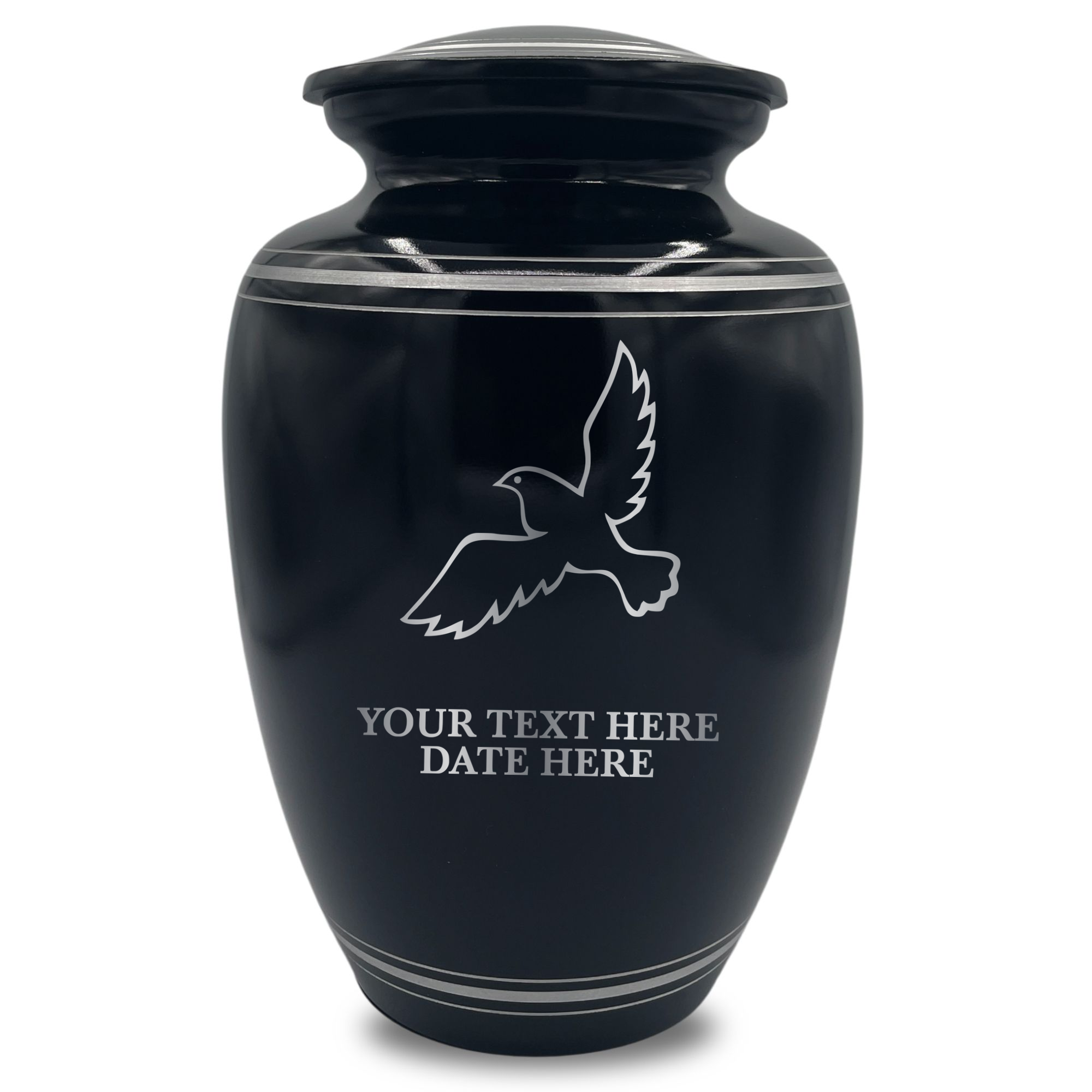 Human Cremation Urn - 350 Cubic Inch Capacity - Black with Silver Rim | Memorial Dove
