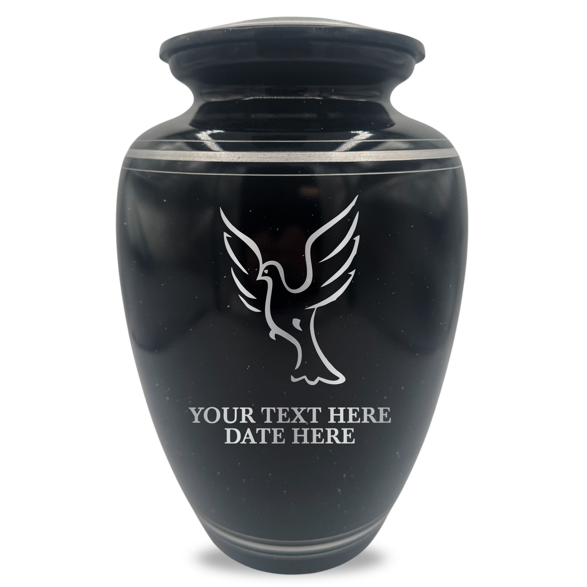 Extra Large Human Cremation Urn - 350 Cubic Inch - Black Spotted Finish with Silver Rim | Memorial Dove