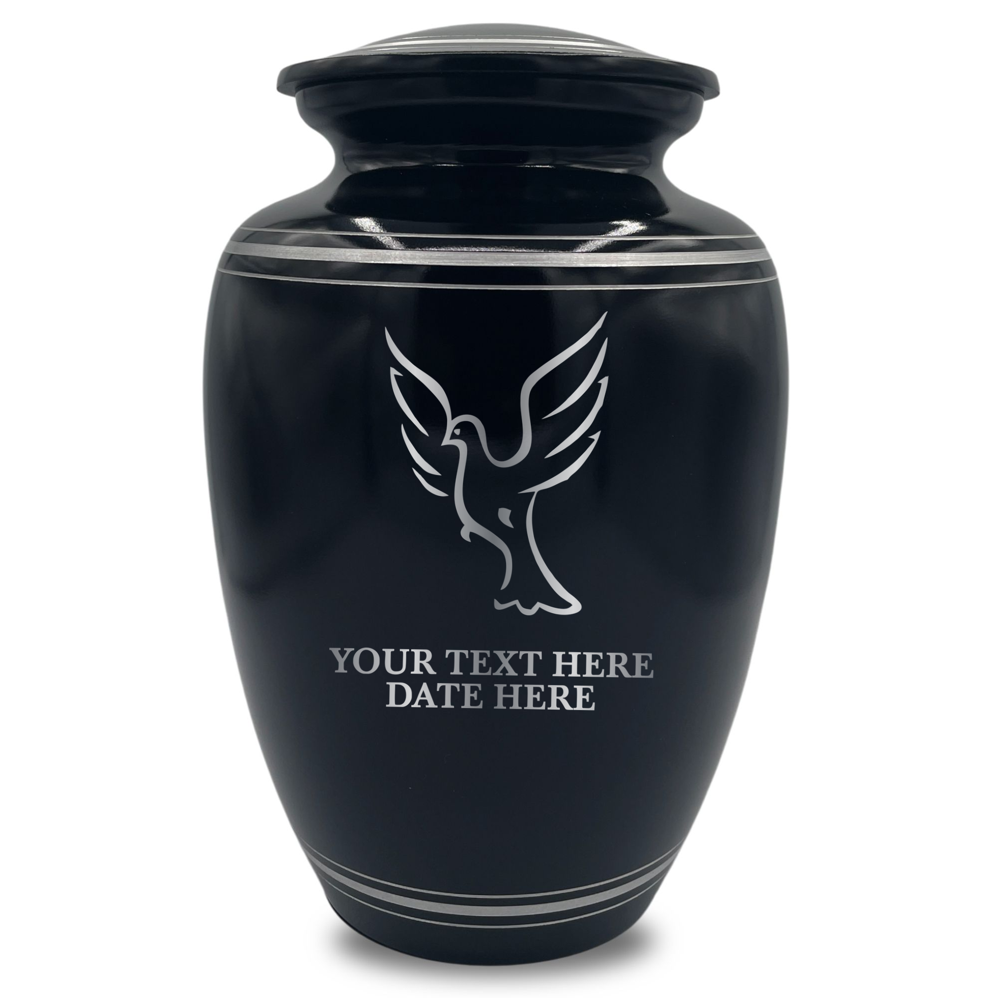 Human Cremation Urn - 350 Cubic Inch Capacity - Black with Silver Rim | Memorial Dove