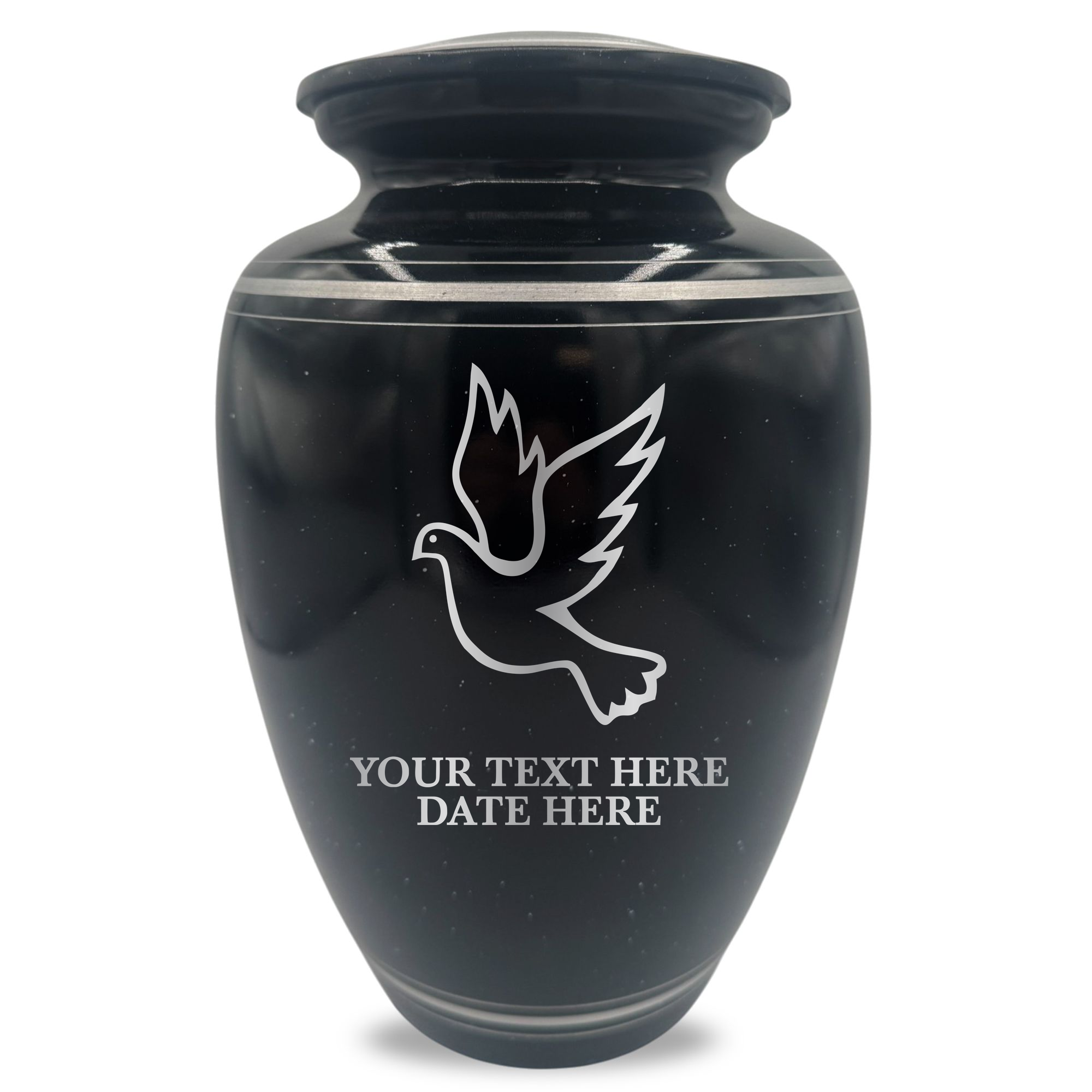 Extra Large Human Cremation Urn - 350 Cubic Inch - Black Spotted Finish with Silver Rim | Memorial Dove