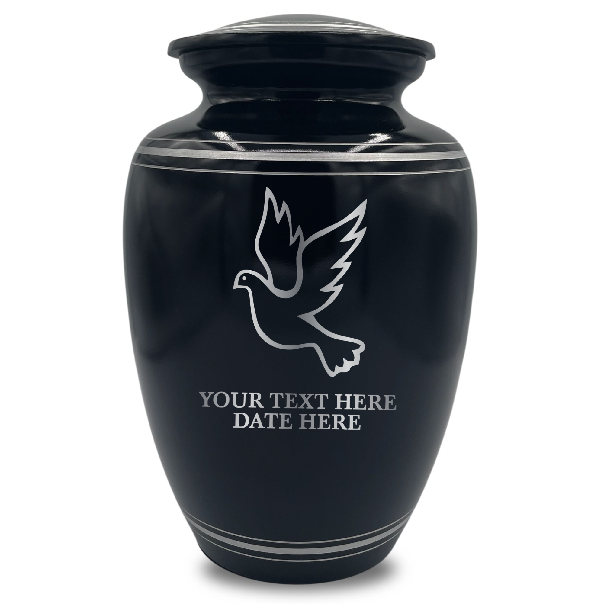 Human Cremation Urn - 350 Cubic Inch Capacity - Black with Silver Rim | Memorial Dove