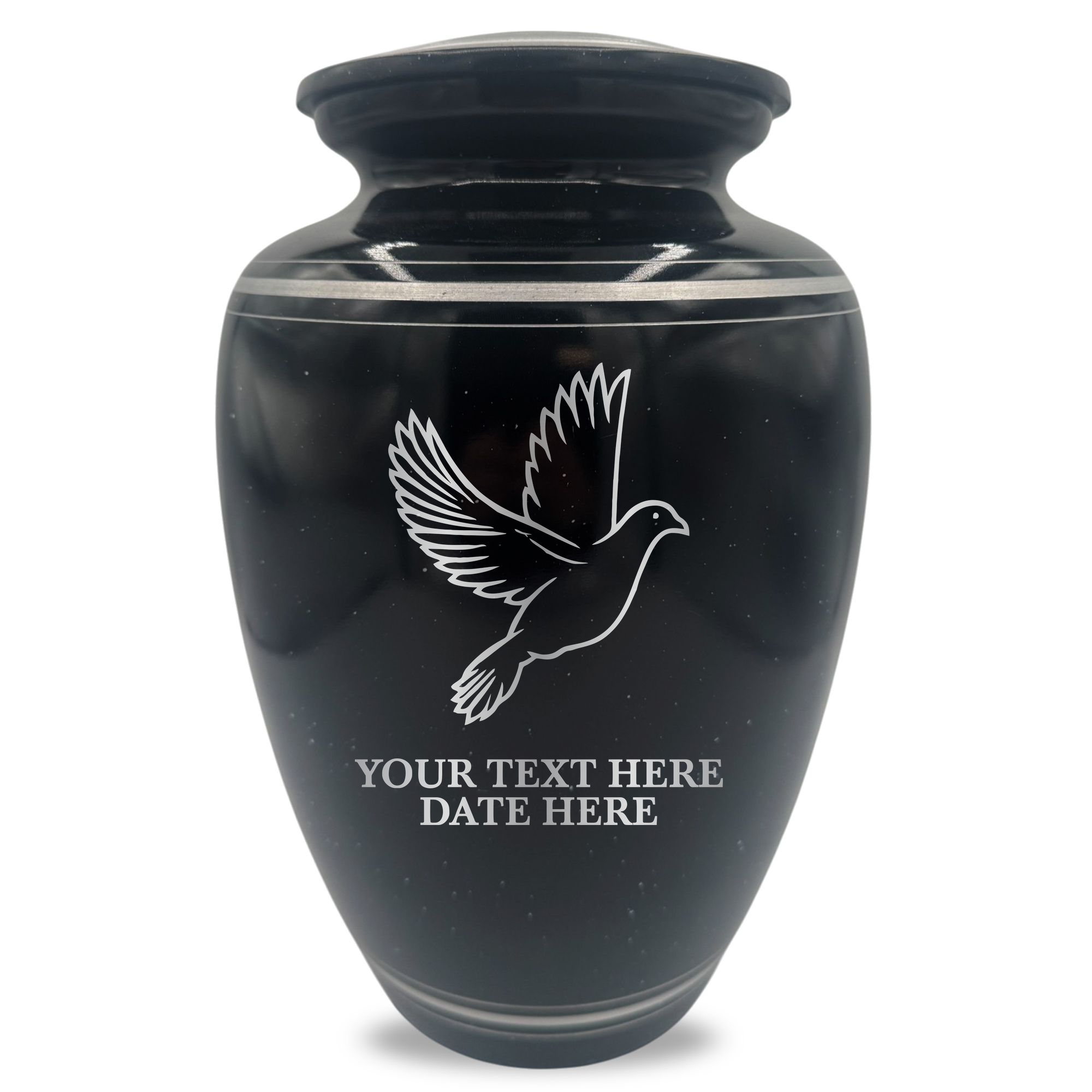 Extra Large Human Cremation Urn - 350 Cubic Inch - Black Spotted Finish with Silver Rim | Memorial Dove