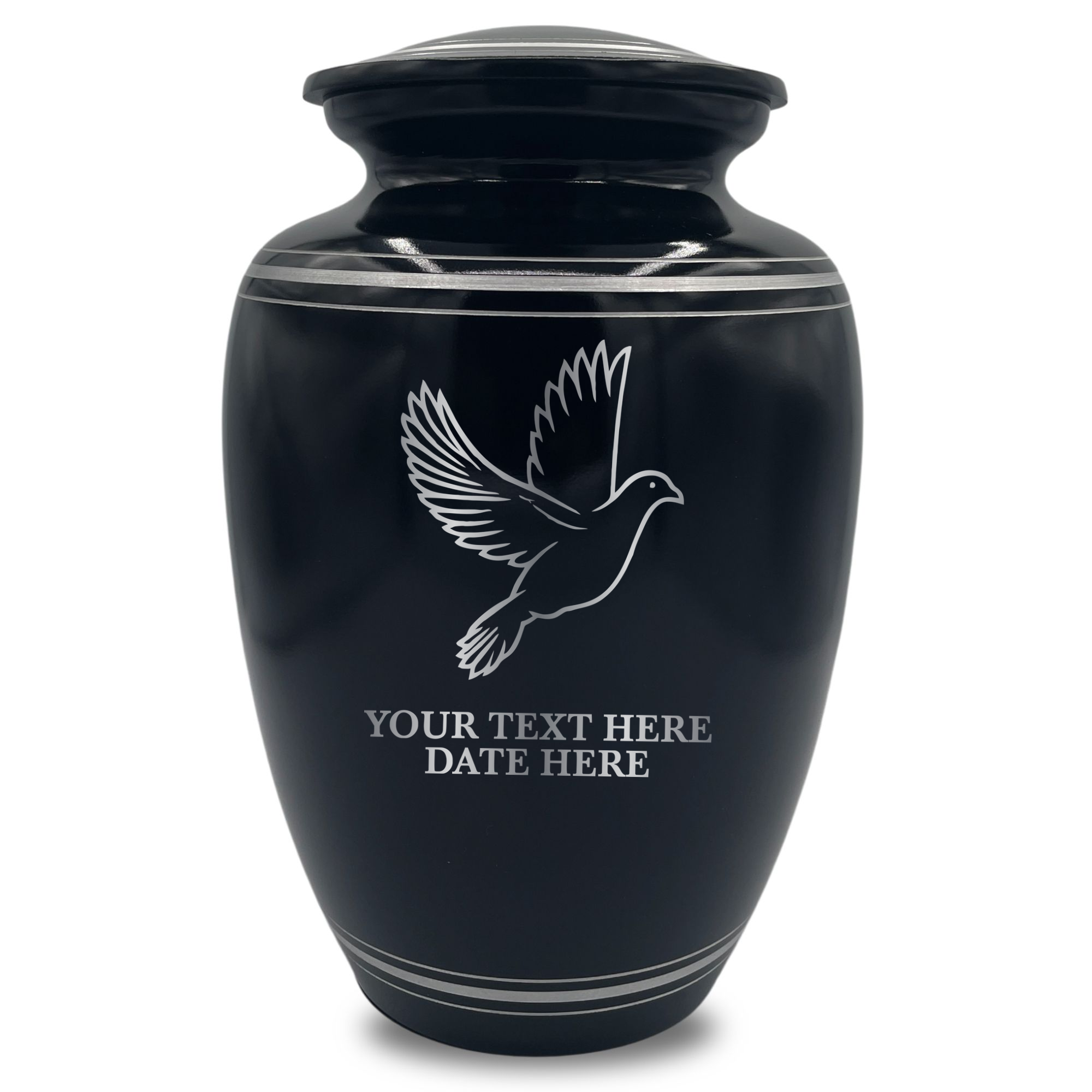 Human Cremation Urn - 350 Cubic Inch Capacity - Black with Silver Rim | Memorial Dove
