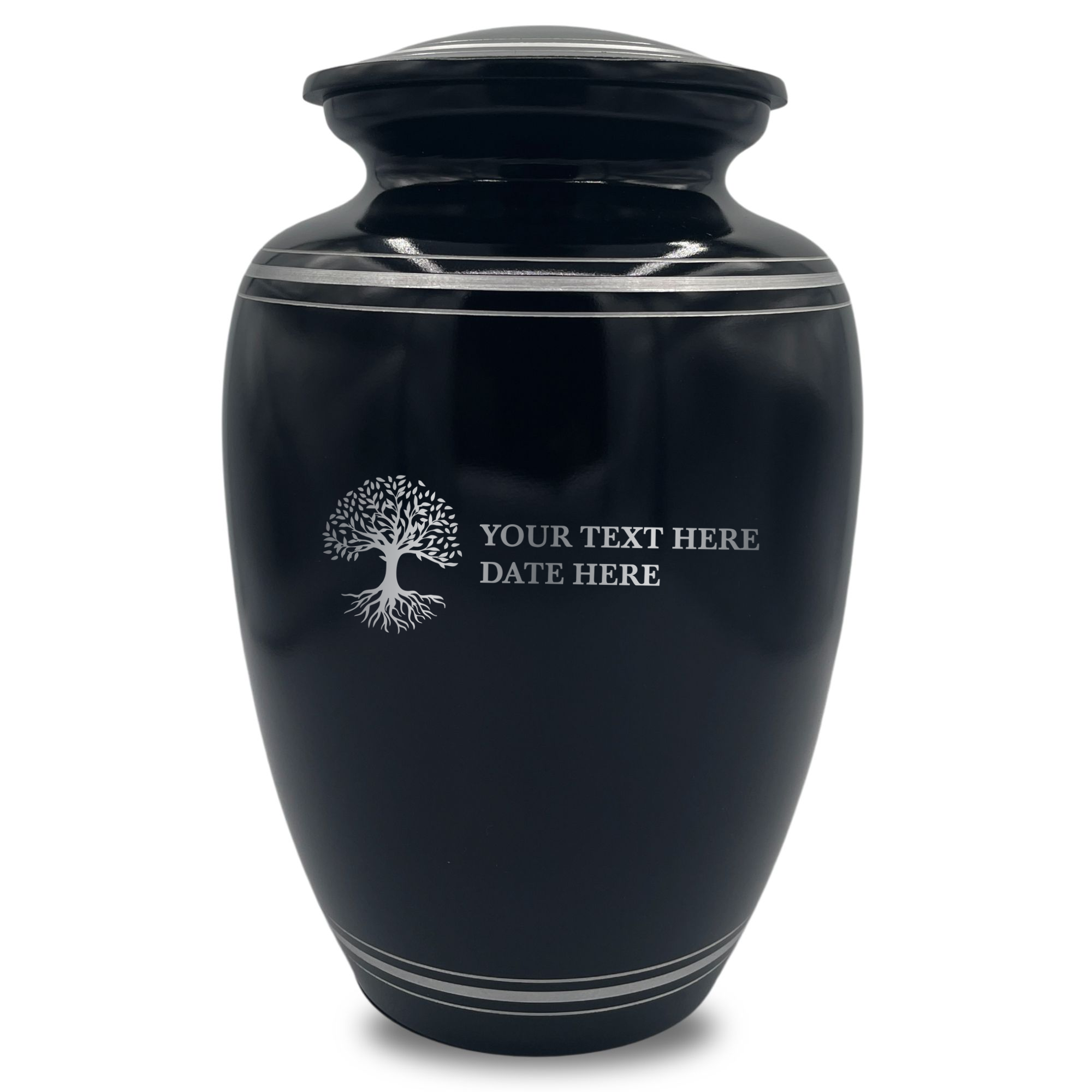 Human Cremation Urn - 350 Cubic Inch Capacity - Black with Silver Rim | Tree of Life
