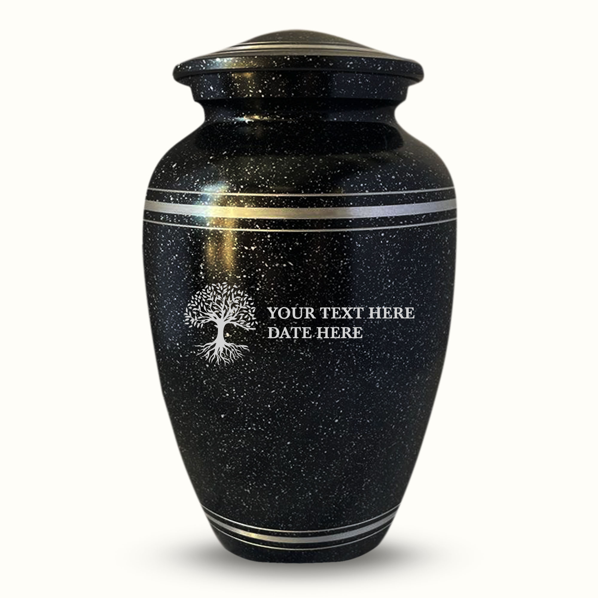 Spotted Black Aluminum with Silver Rim Human Cremation Urn – 200 Cubic Inch | Tree of Life