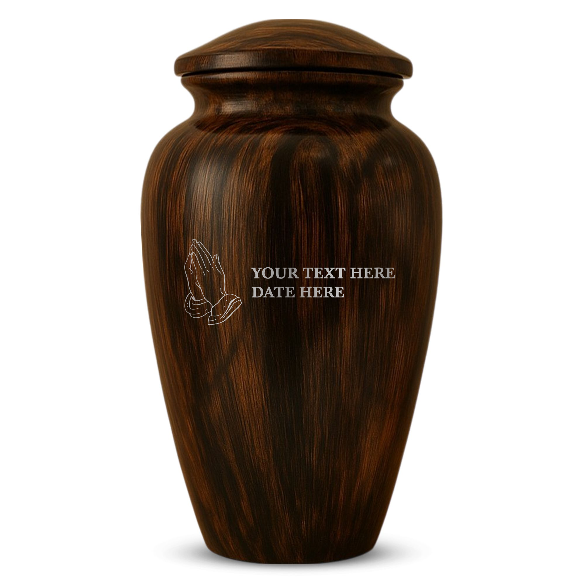 Human Cremation Urn - 200 Cubic Inch - Ingrained Wood Style Finish | Praying Hands