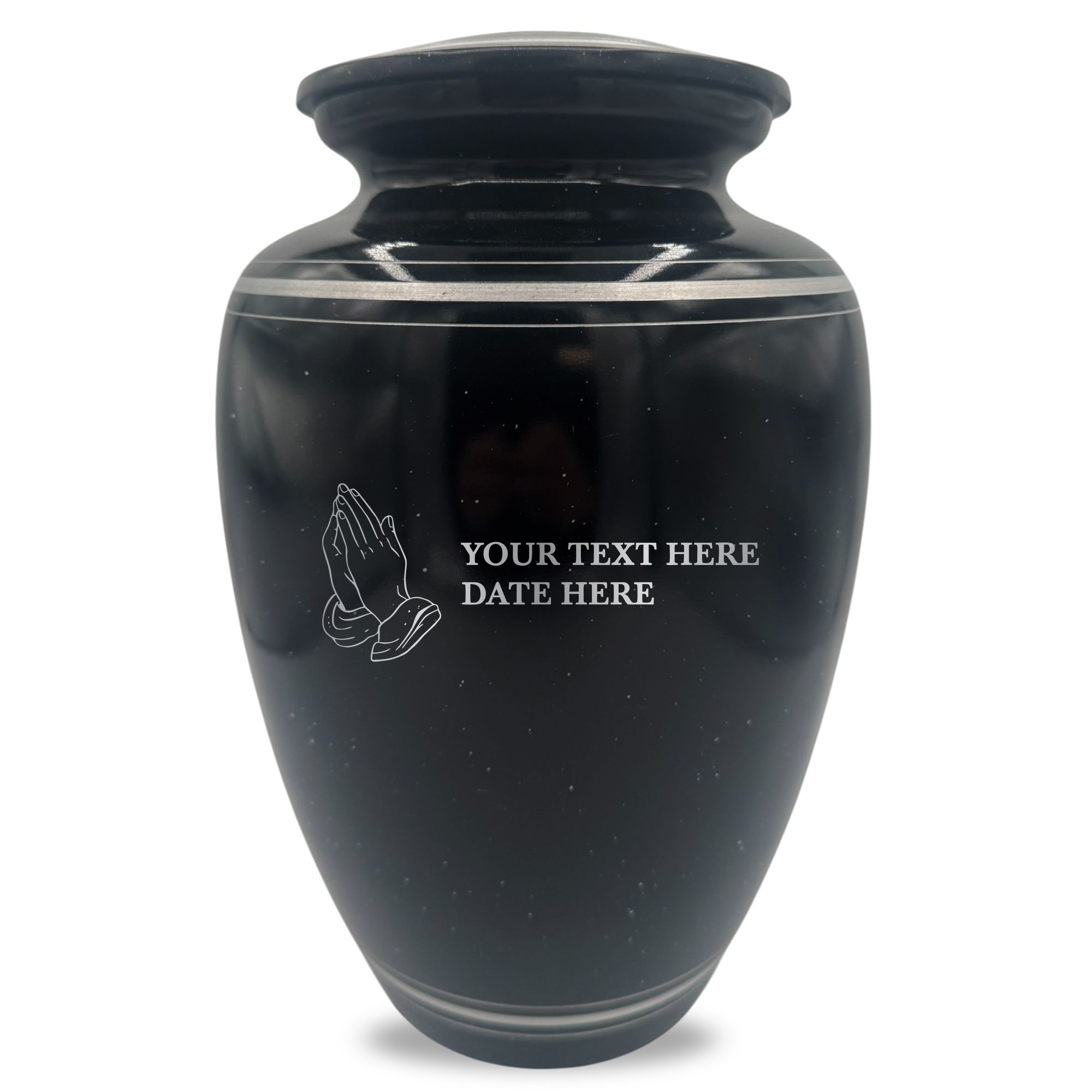 Extra Large Human Cremation Urn - 350 Cubic Inch - Black Spotted Finish with Silver Rim | Praying Hands