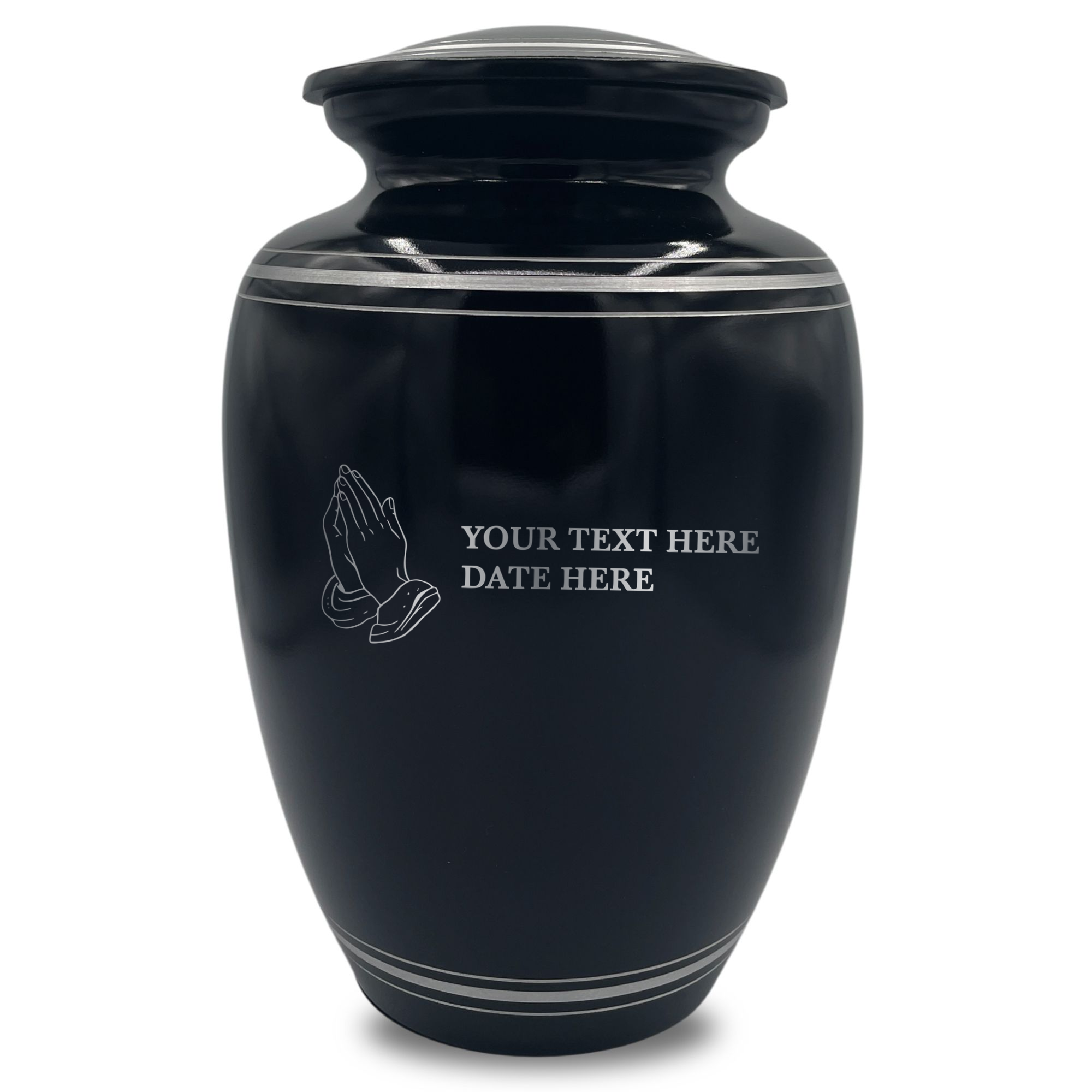 Human Cremation Urn – 350 Cubic Inch Capacity – Black with Silver Rim | Praying Hands