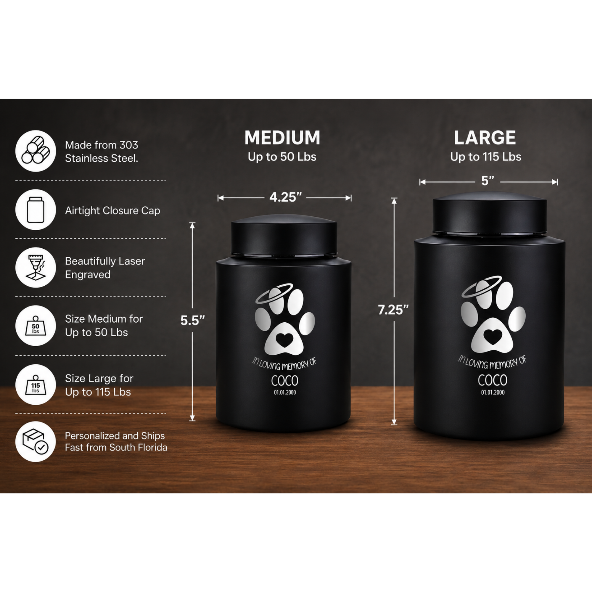 Horizon Dog Cremation Urn – Black Stainless Steel – 50–115 Cubic Inch | Classic Paw Design